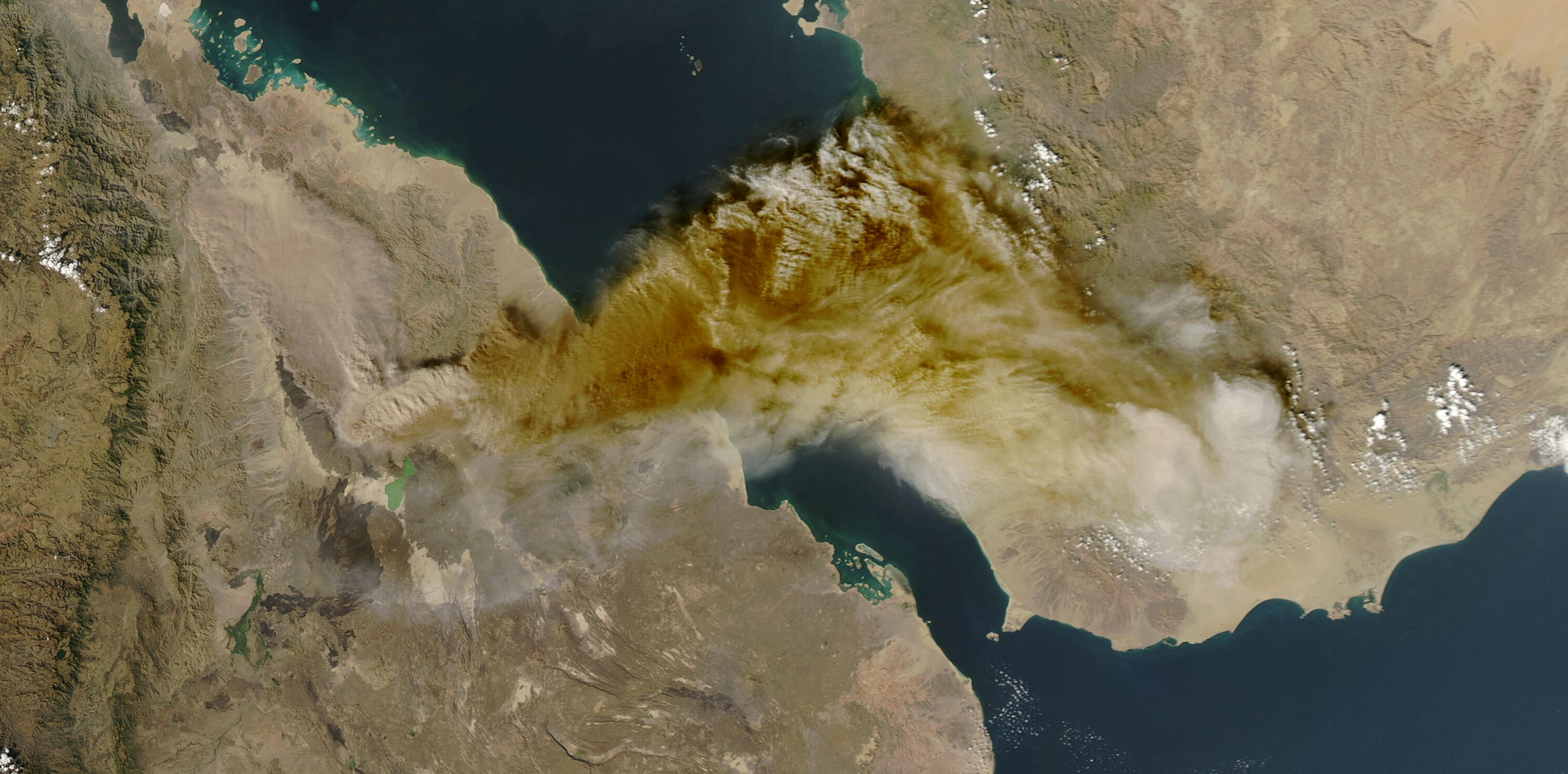 A satellite image shows ash rising from the eruption of the Hayli Gubbi volcano in Ethiopia as it drifts over the Red Sea