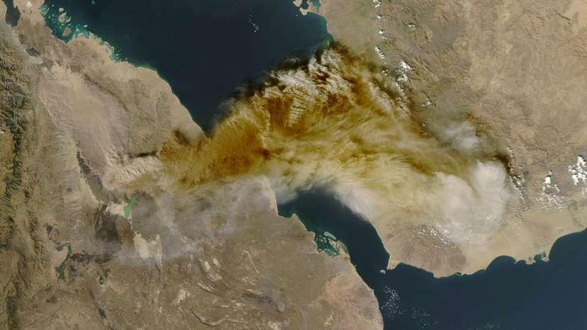 A satellite image shows ash rising from the eruption of the Hayli Gubbi volcano in Ethiopia as it drifts over the Red Sea