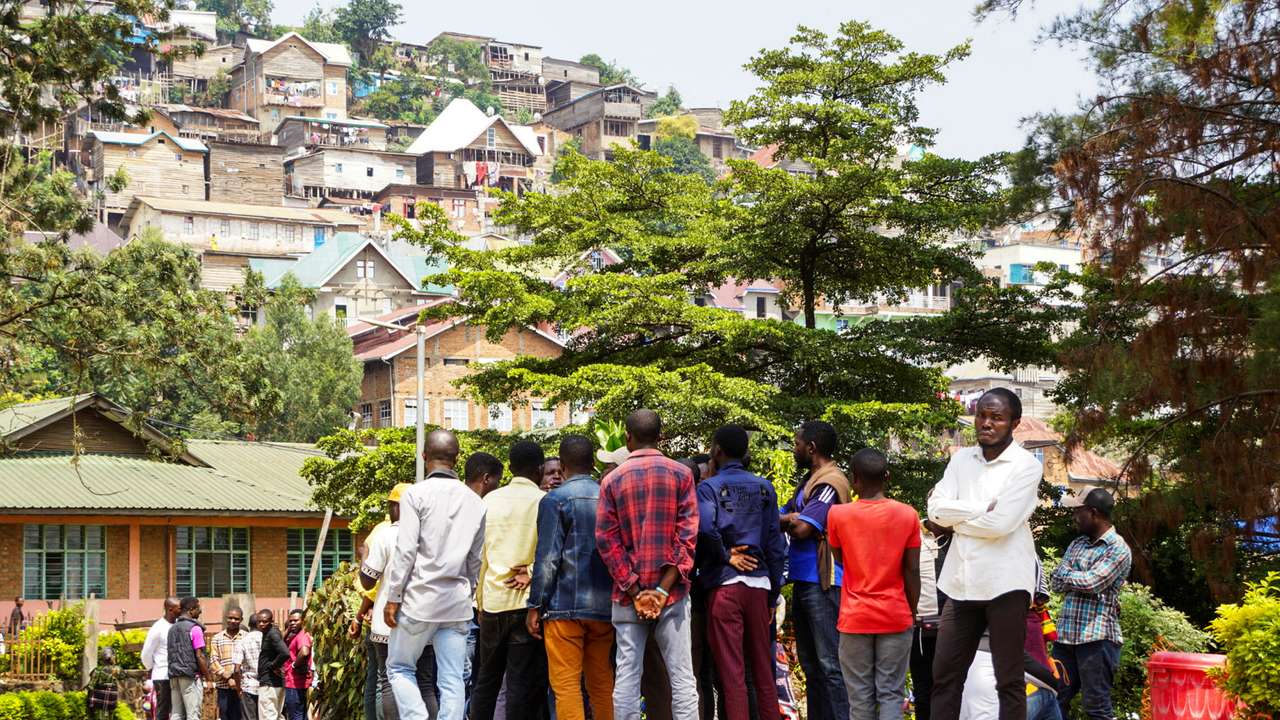 Volunteers register to donate blood for those injured while attending a rally in Bukavu