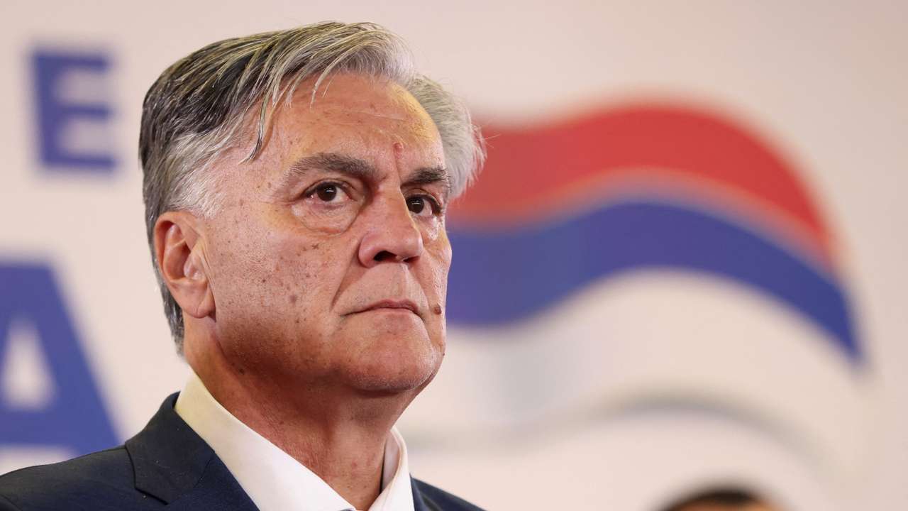 Sinisa Karan speaks at a press conference in Banja Luka