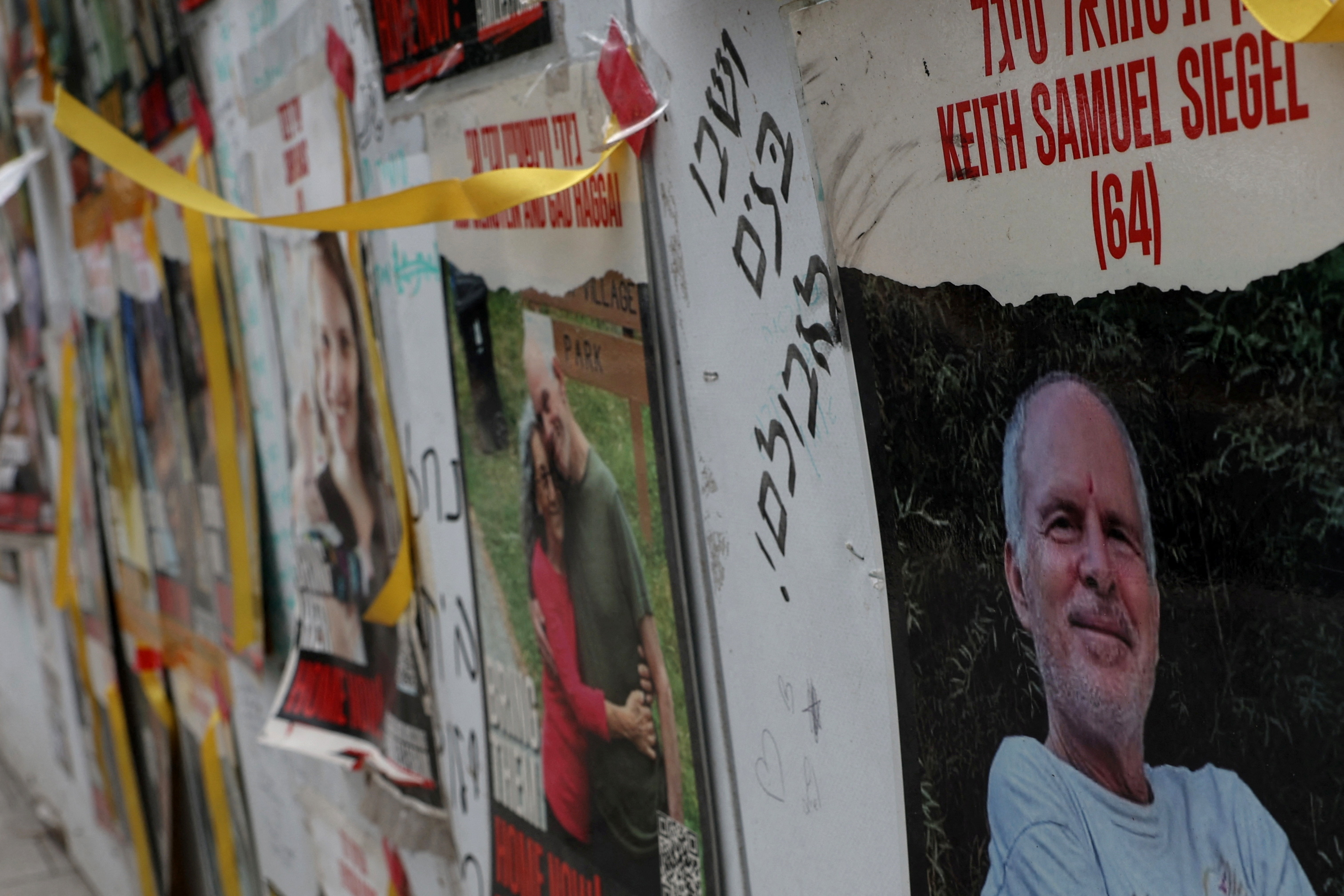 A view of a banner depicting Keith Siegel, who is a dual U.S. citizen seized during the October 7 attack on Israel and taken hostage into Gaza in Tel Aviv, Israel