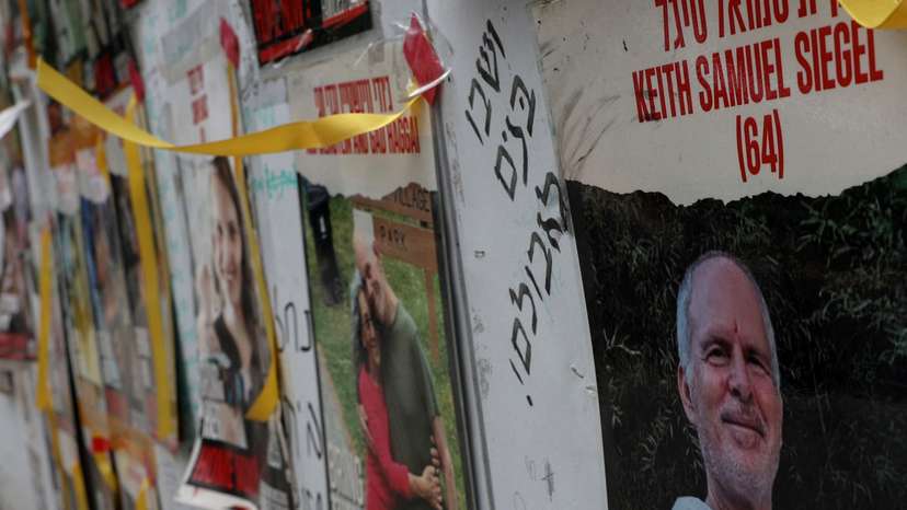 A view of a banner depicting Keith Siegel, who is a dual U.S. citizen seized during the October 7 attack on Israel and taken hostage into Gaza in Tel Aviv, Israel