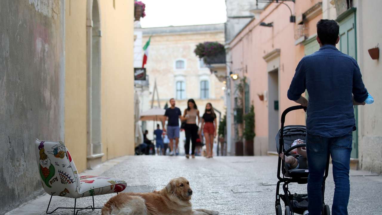 FILE PHOTO: A dog lies on the street as a man walks pushing a stroller with a baby inside, in Matera