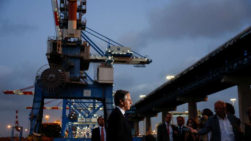 U.S. Secretary of State Antony Blinken speaks to the press at the port of Ashdod