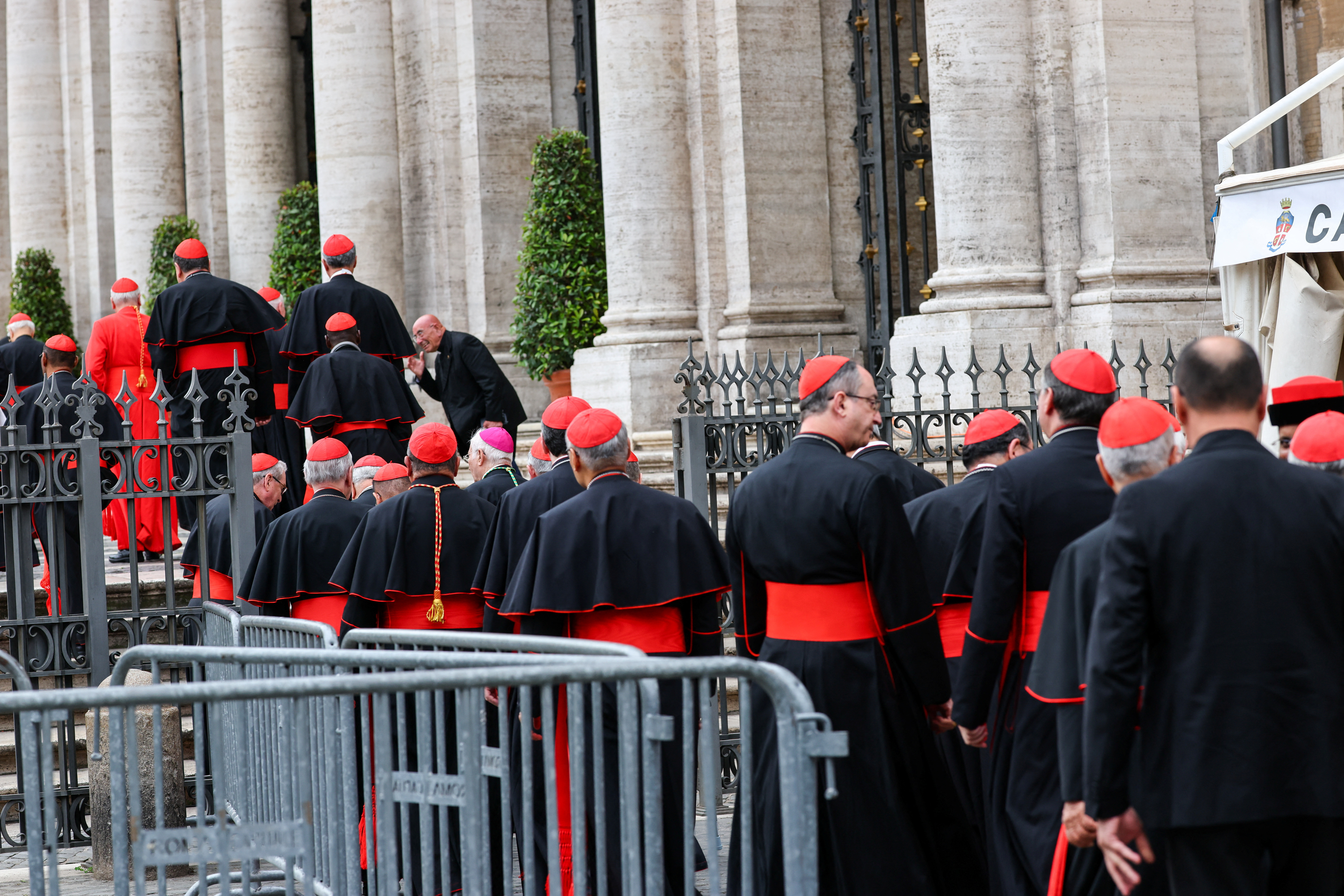 Cardinals arrive to pay their respects at the tomb of the late Pope Francis in the Papal Basilica of Saint Mary Major (Santa Maria Maggiore), in Rome