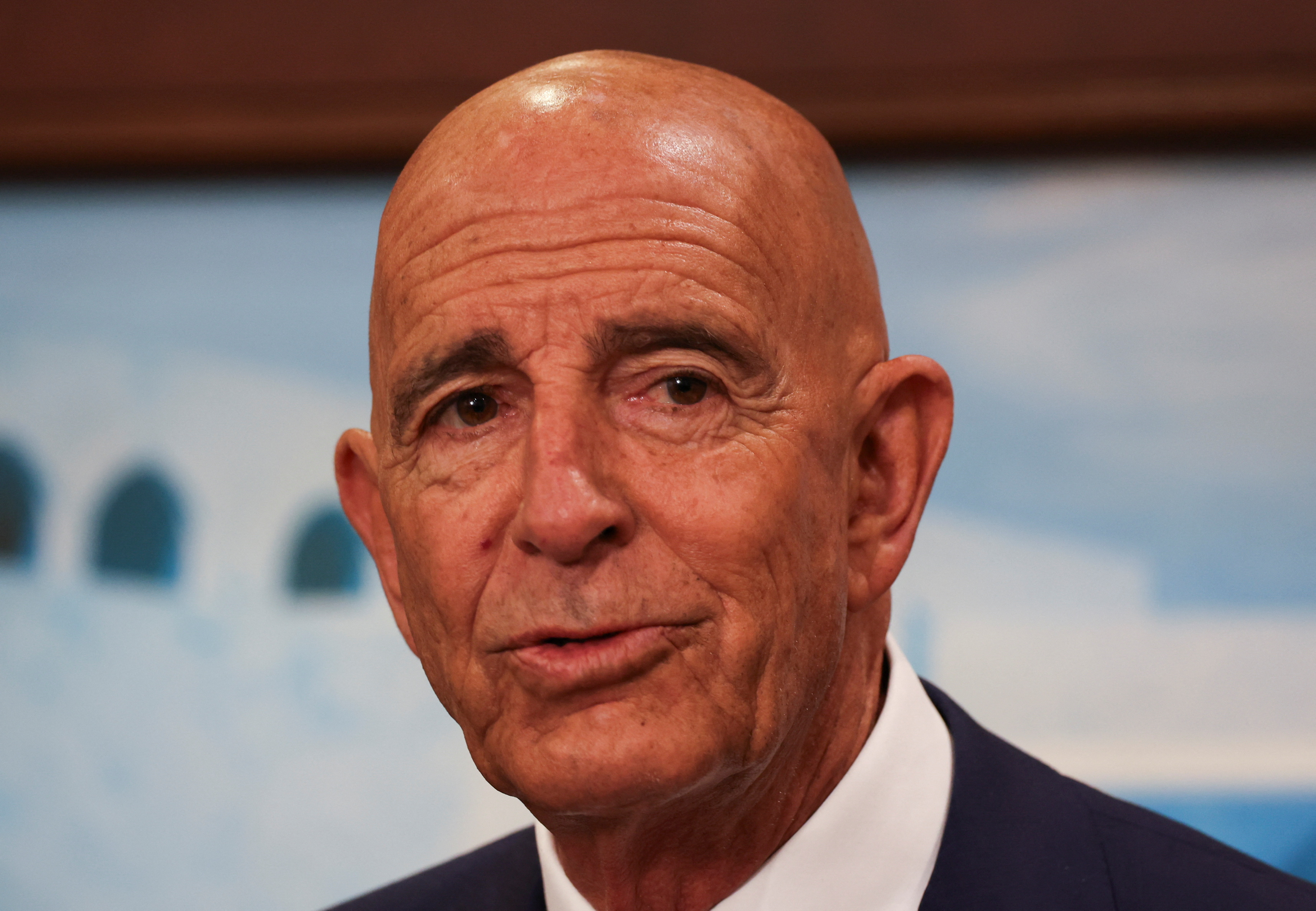 FILE PHOTO: U.S. Special Envoy for Syria Thomas Barrack speaks after a meeting with Lebanese President Joseph Aoun at the presidential palace in Baabda