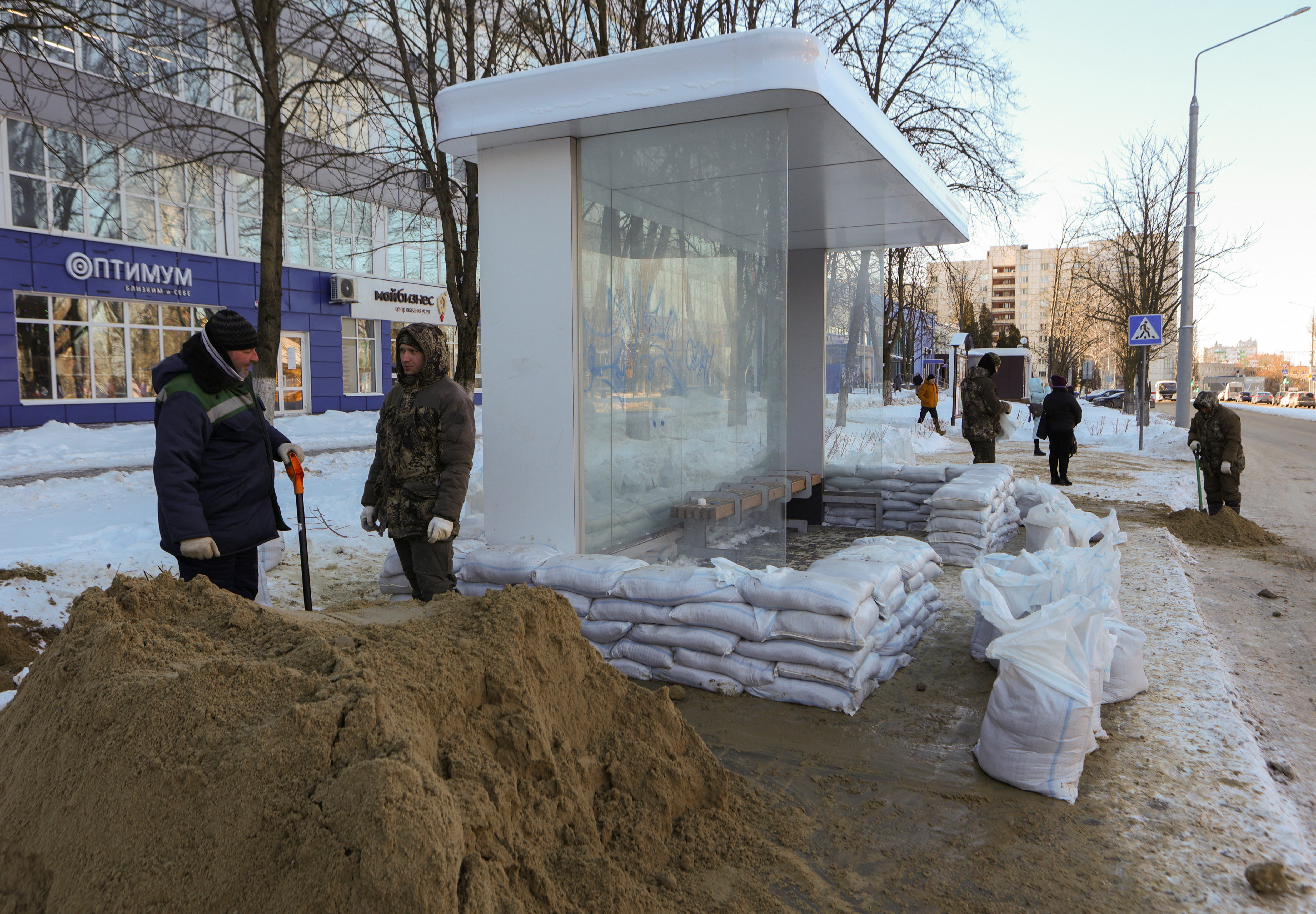Russia's Belgorod reinforces bus stops with sandbags and concrete blocks following Ukrainian strikes