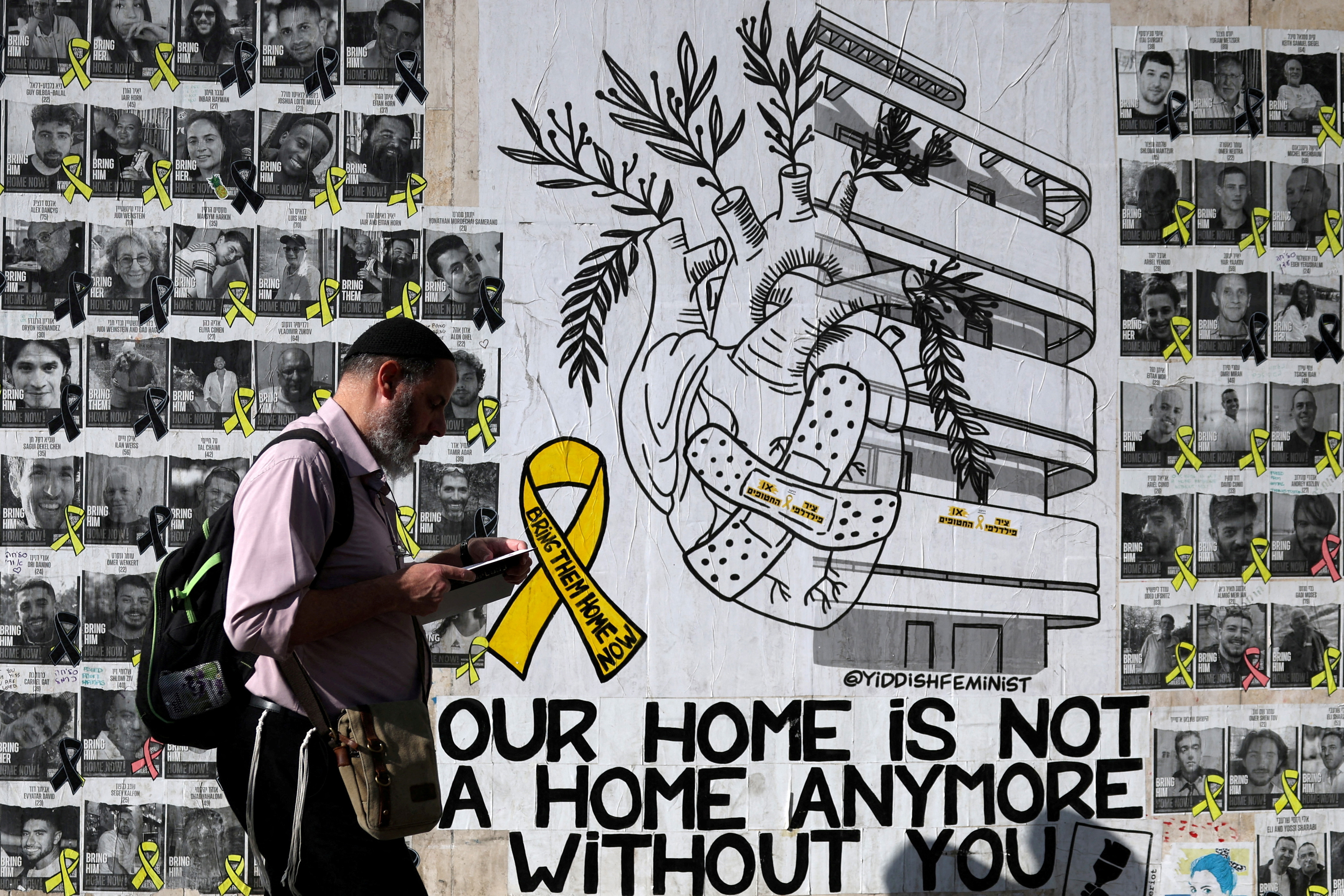FILE PHOTO: Posters in support of hostages kidnapped during the October 7 attack