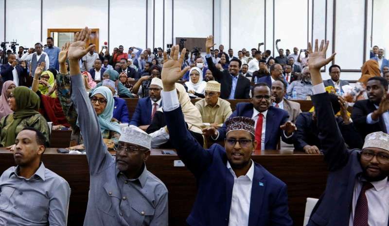 FILE PHOTO: Somali Members of Parliament raise their hands to vote on a resolution on the procedural rules for constitutional changes in Mogadishu