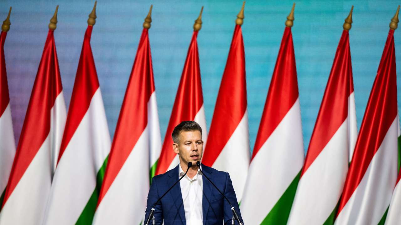 Peter Magyar, leader of opposition TISZA party, delivers a speech in Budapest