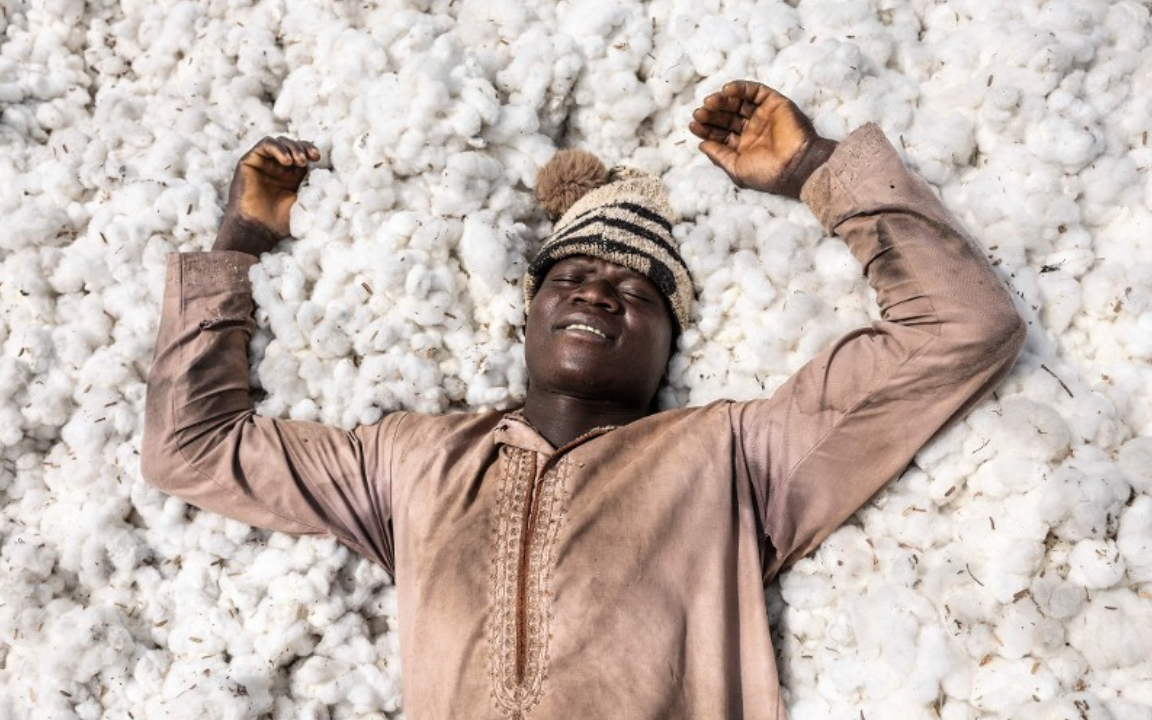 Ange Gnacadja, 31, rests on a pile of cotton on a farm in Soclogbo
