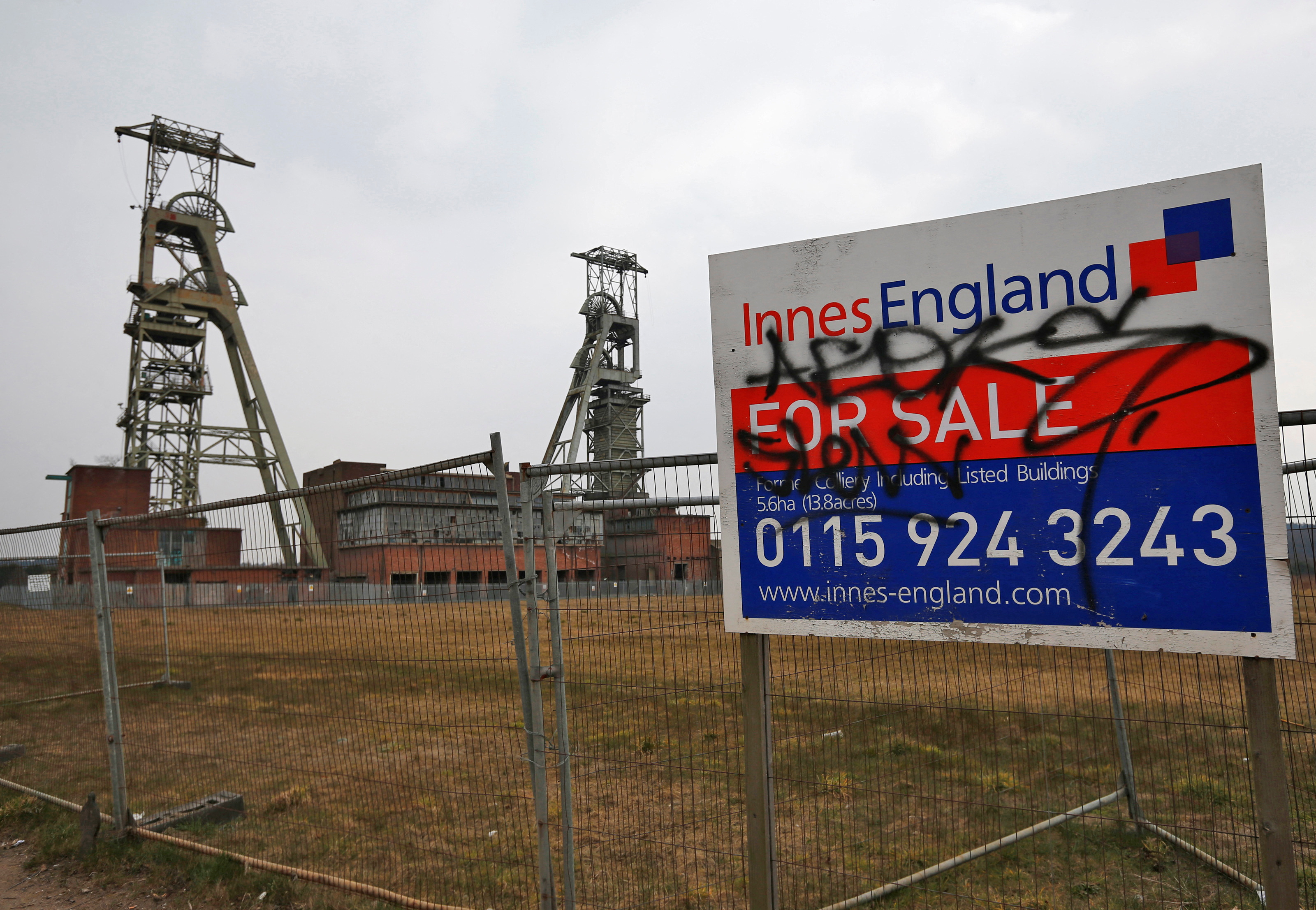 A for sale sign stands by the closed Clipstone Colliery in Clipstone near Mansfield