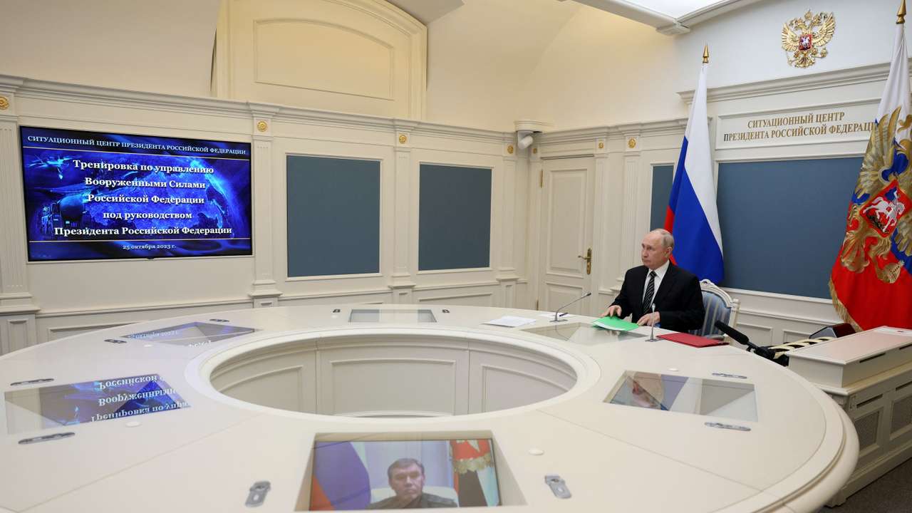 Russian President Putin inspects an exercise to test delivering a massive retaliatory nuclear strike via a video link from Moscow