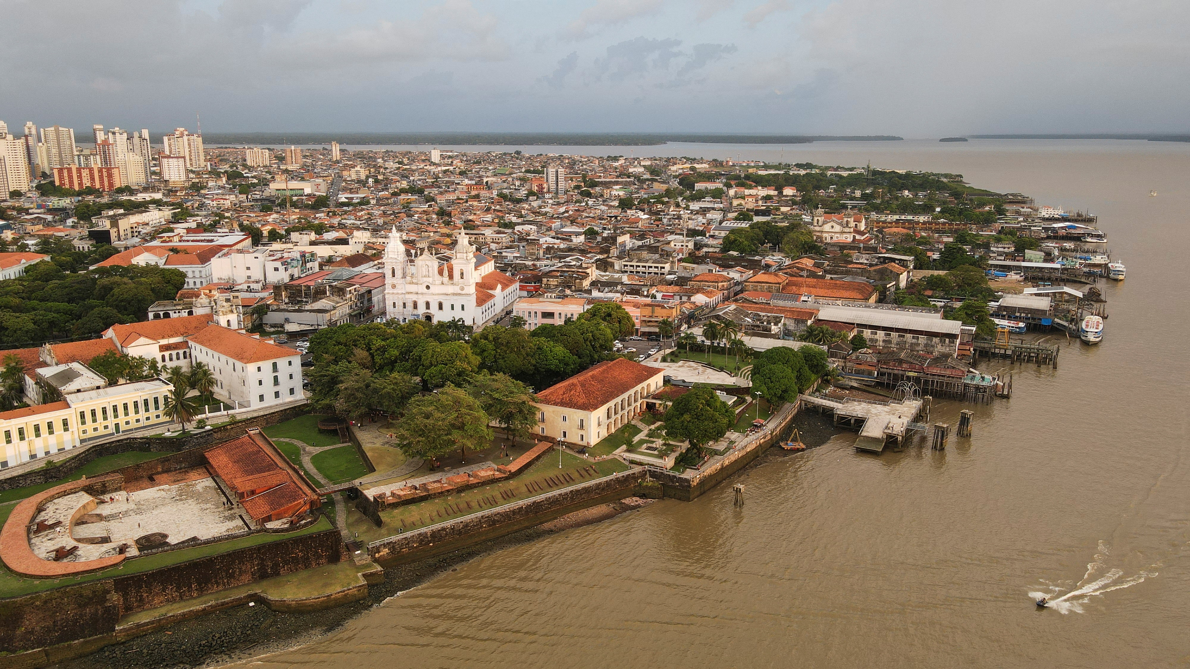 A drone image shows the city and the river ahead of COP 30 in Belem