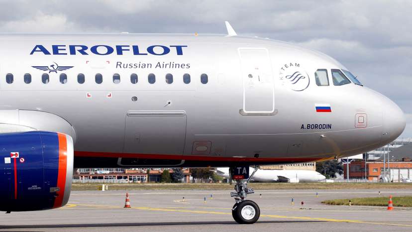 The logo of Russia's flagship airline Aeroflot is seen on an Airbus A320 in Colomiers near Toulouse, France