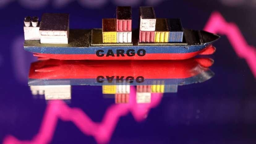 Illustration shows a cargo ship boat model and rising stock graph