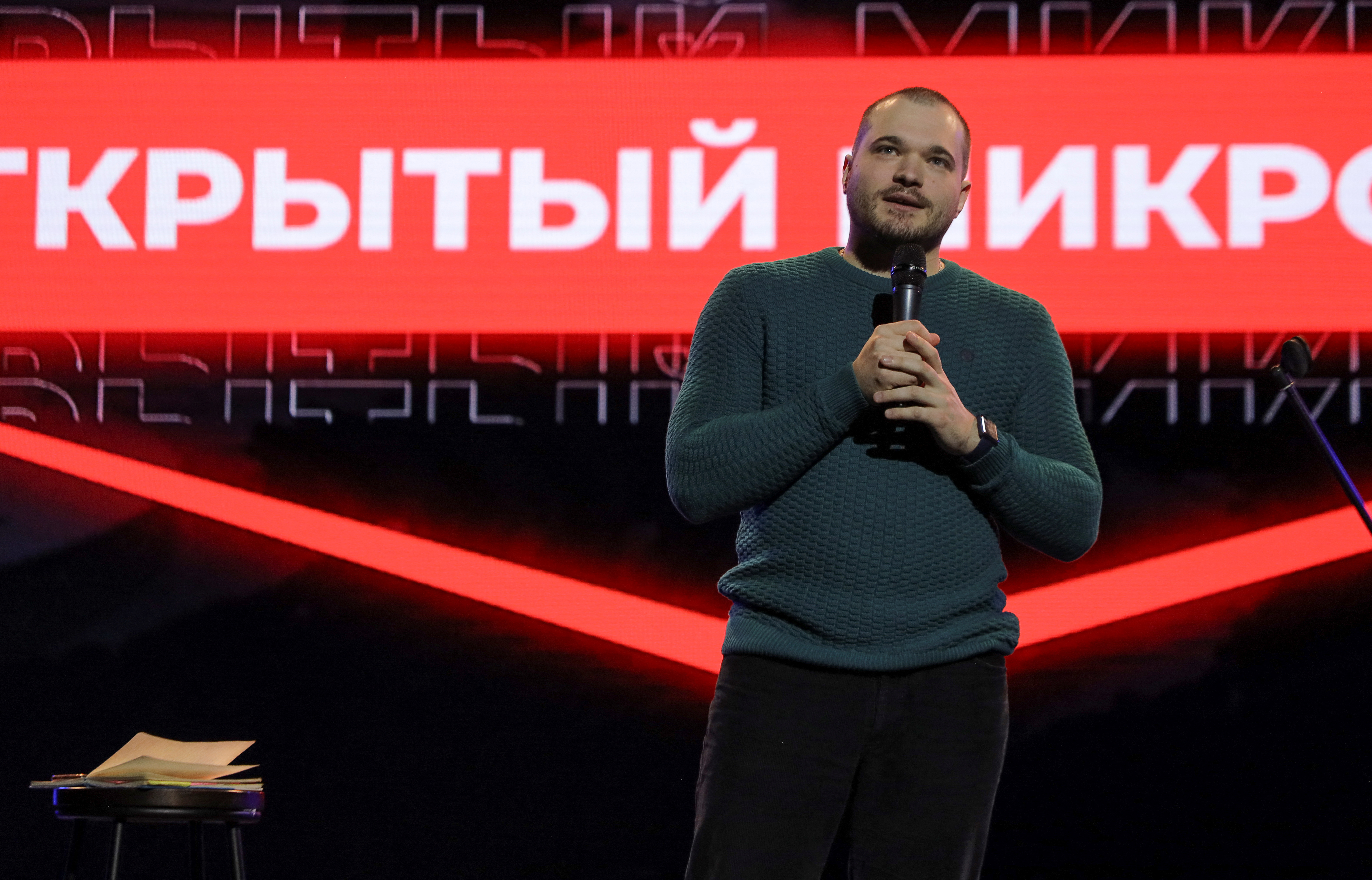 Stand-up comic Ivan Garkushko performs in Moscow