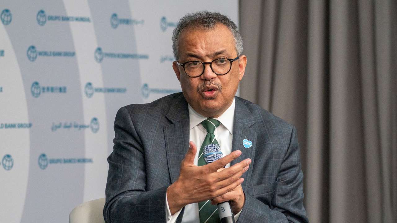 WHO Director-General Tedros Adhanom Ghebreyesus speaks during an event during the IMF Spring meetings in Washington