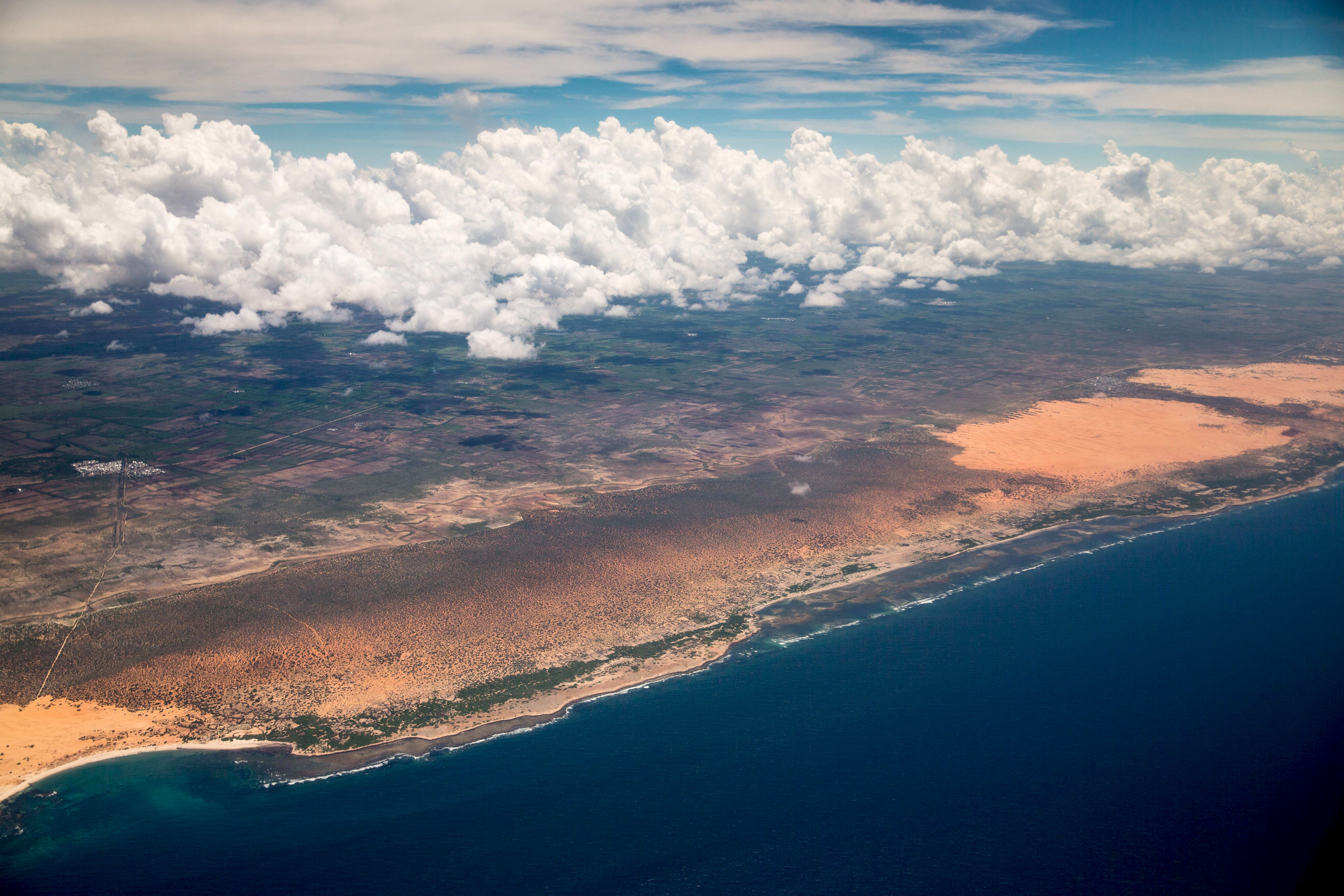 The Somali coast as seen from U.S. Secretary of State Kerry's plane as it nears the airport in Mogadishu
