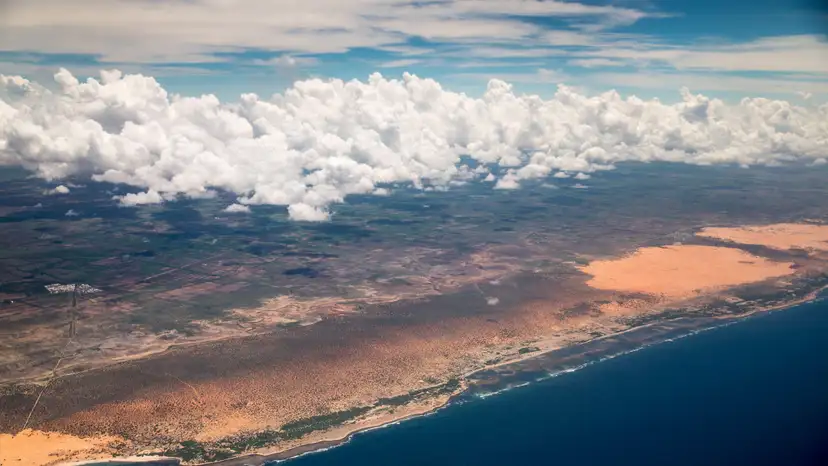 The Somali coast as seen from U.S. Secretary of State Kerry's plane as it nears the airport in Mogadishu