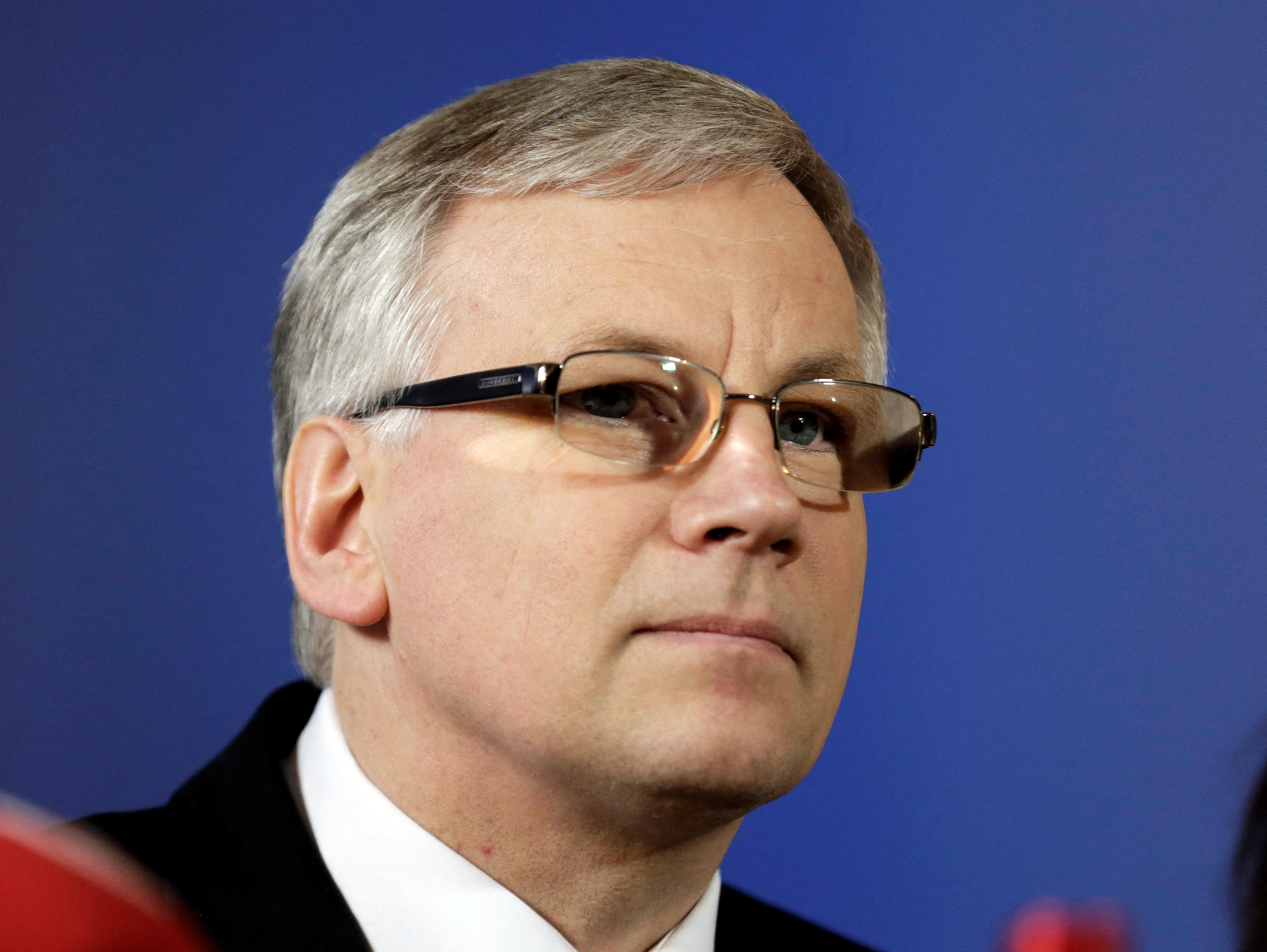 FILE PHOTO: Lithuania's Minister of Finance Sadzius listens during a news conference in Riga