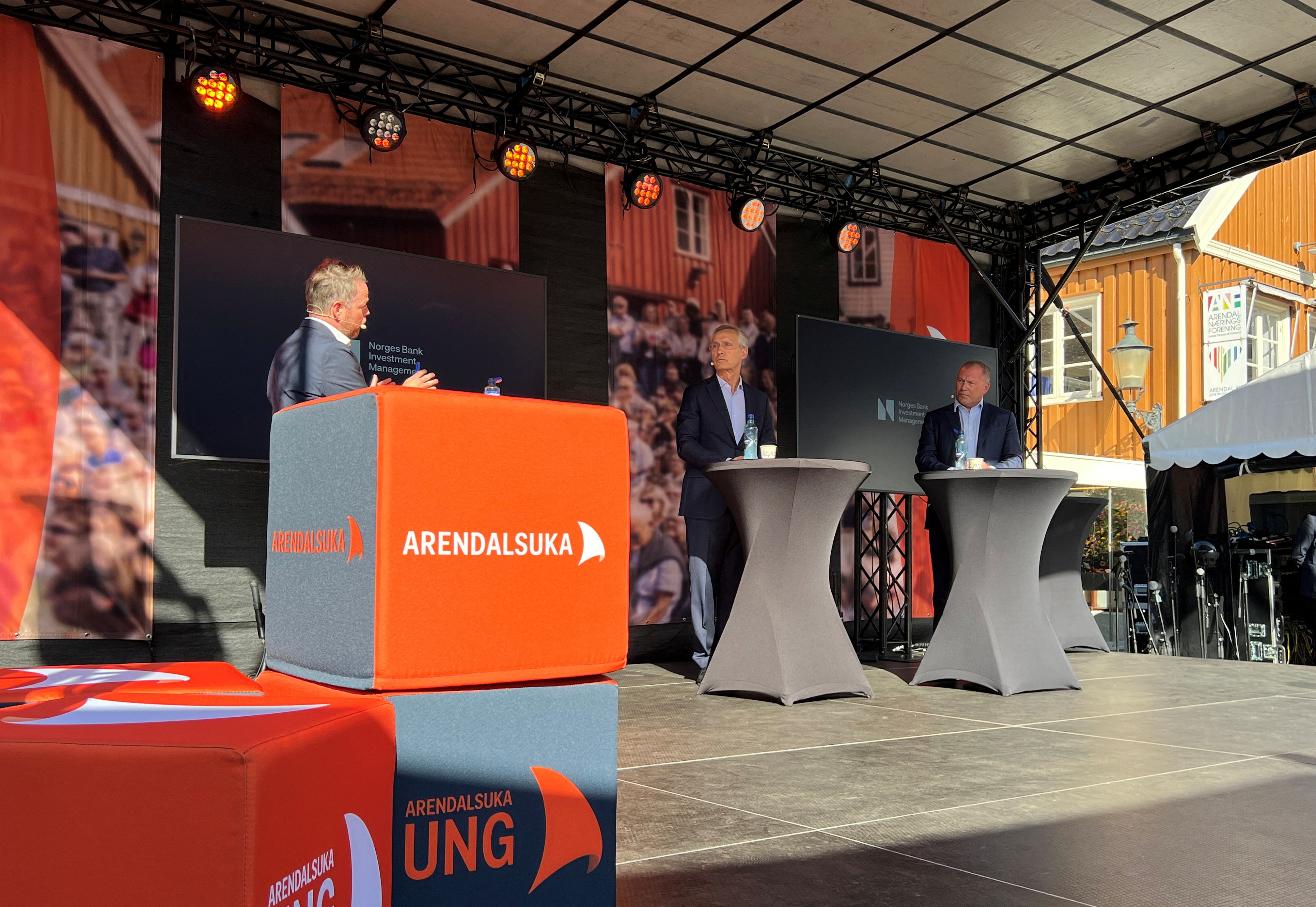 Norwegian Finance Minister Jens Stoltenberg and wealth fund CEO Nicolai Tangen speak in Arendal