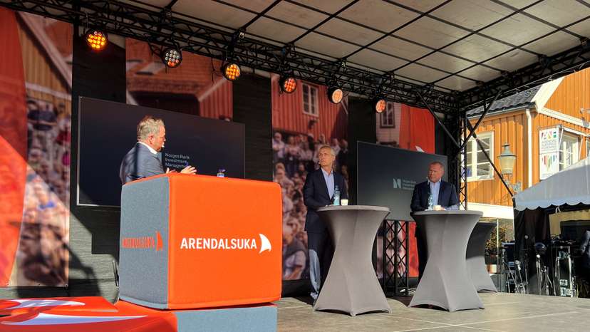 Norwegian Finance Minister Jens Stoltenberg and wealth fund CEO Nicolai Tangen speak in Arendal