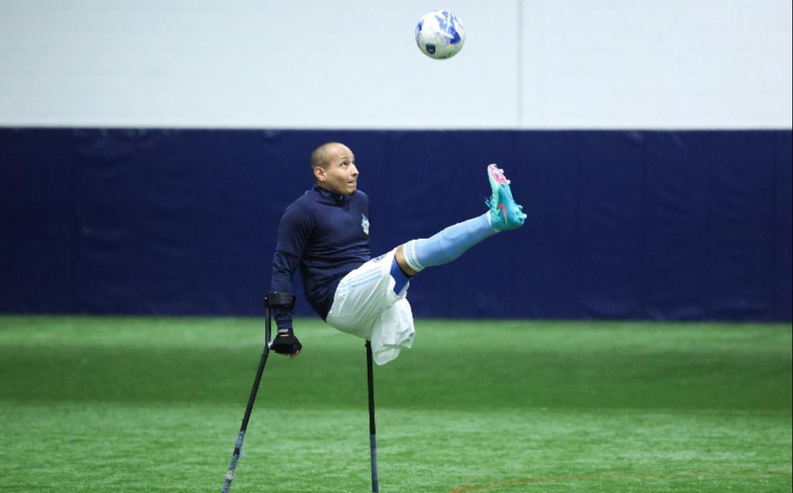 Juan Carlos Vargas controls the ball during a training session with his Metro New York amputee football team in West Hempstead, New York on March 16, 2025.