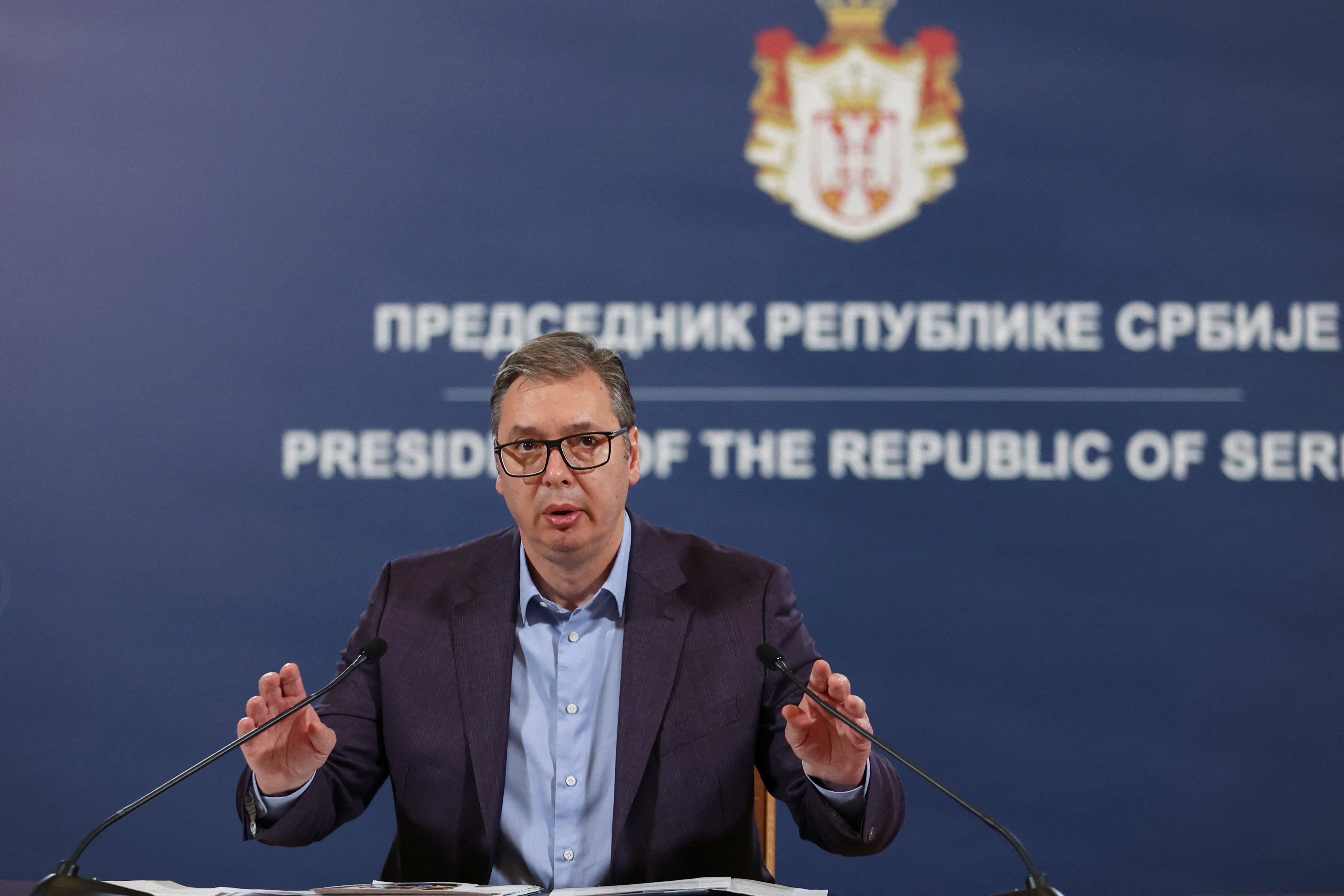 Serbia's President, Aleksandar Vucic speaks during a press conference in Belgrade