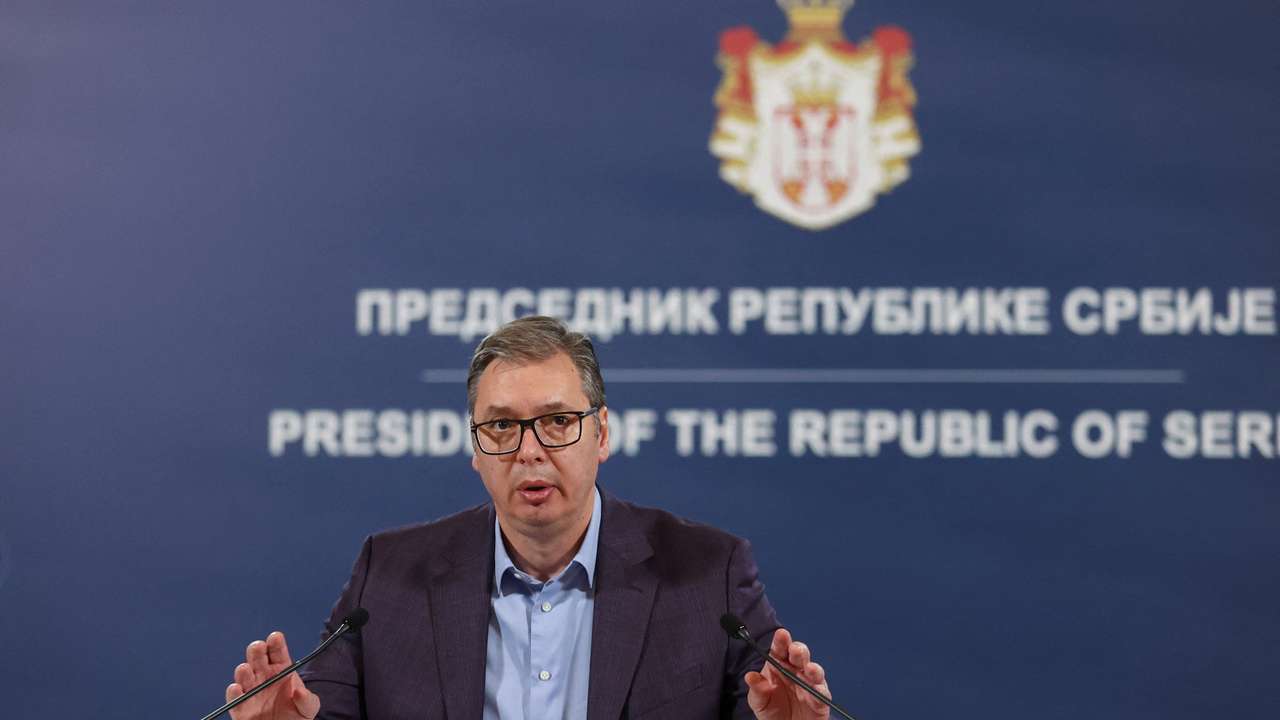 Serbia's President, Aleksandar Vucic speaks during a press conference in Belgrade