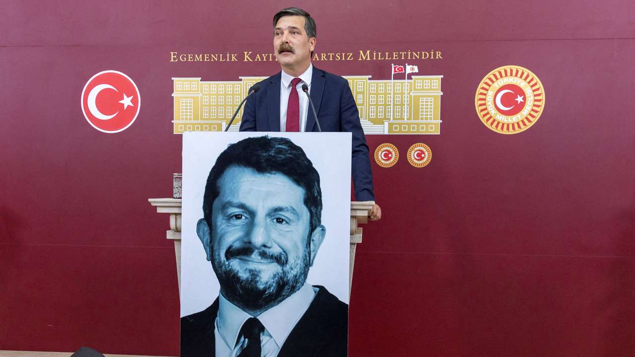 FILE PHOTO: Workers' Party of Turkey MPs display portrait of jailed Atalay in parliament in Ankara