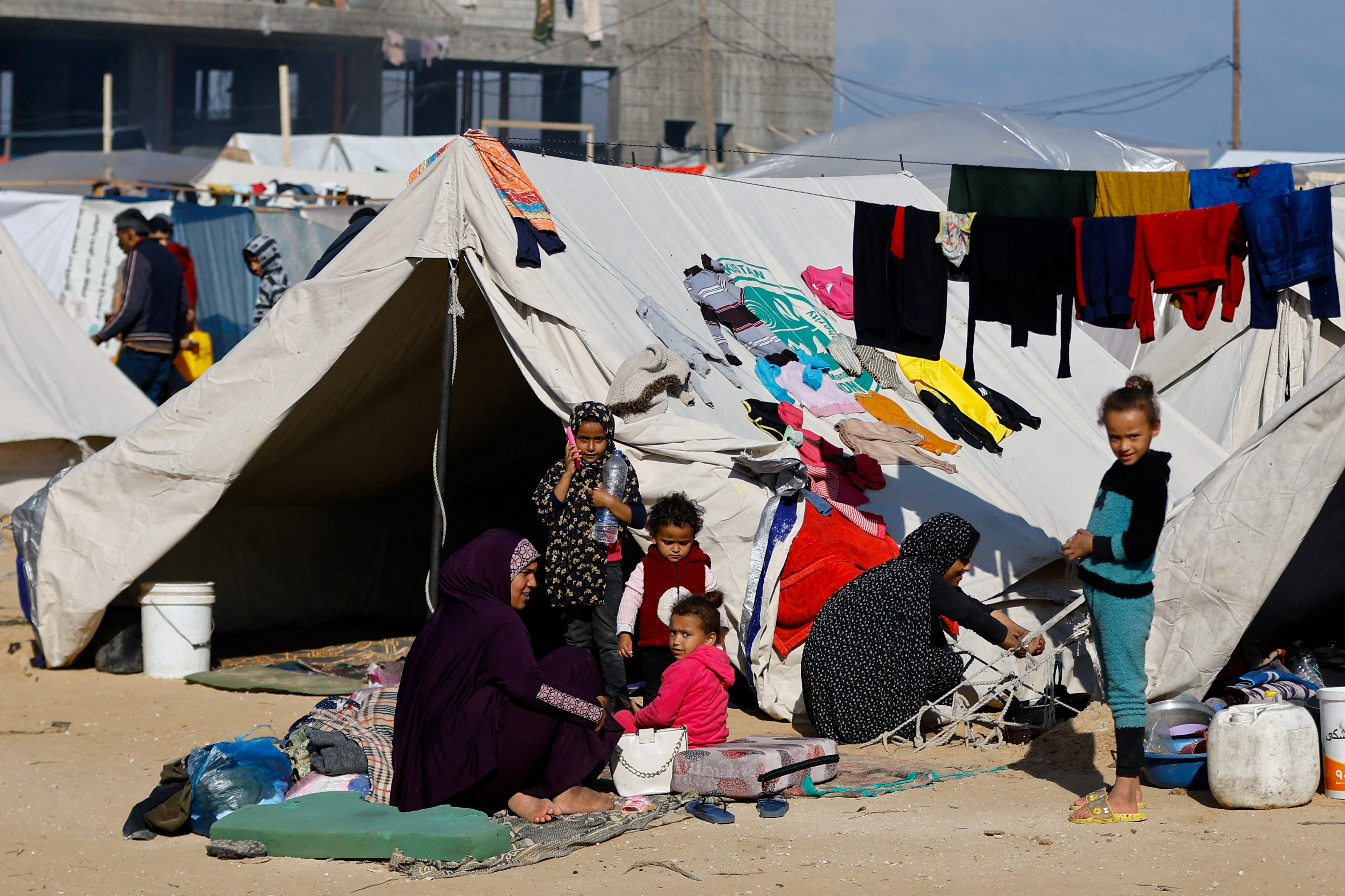 Camp sheltering displaced Palestinians who fled their houses due to Israeli strikes, in Rafah