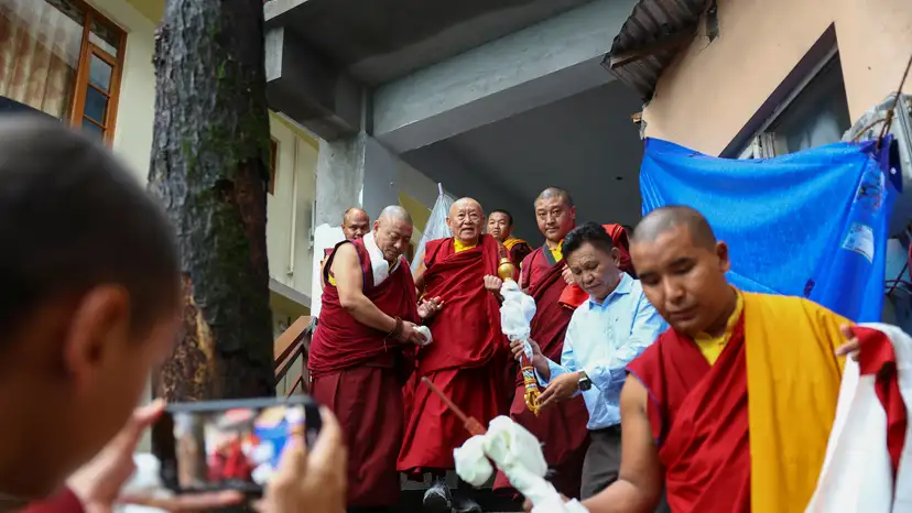 His Holiness the Drikung Kyabgon Chetsang, one of two heads of the Drikung Kagyu order of Tibetan Buddhism, arrives at Norbu House hotel in McLeodganj