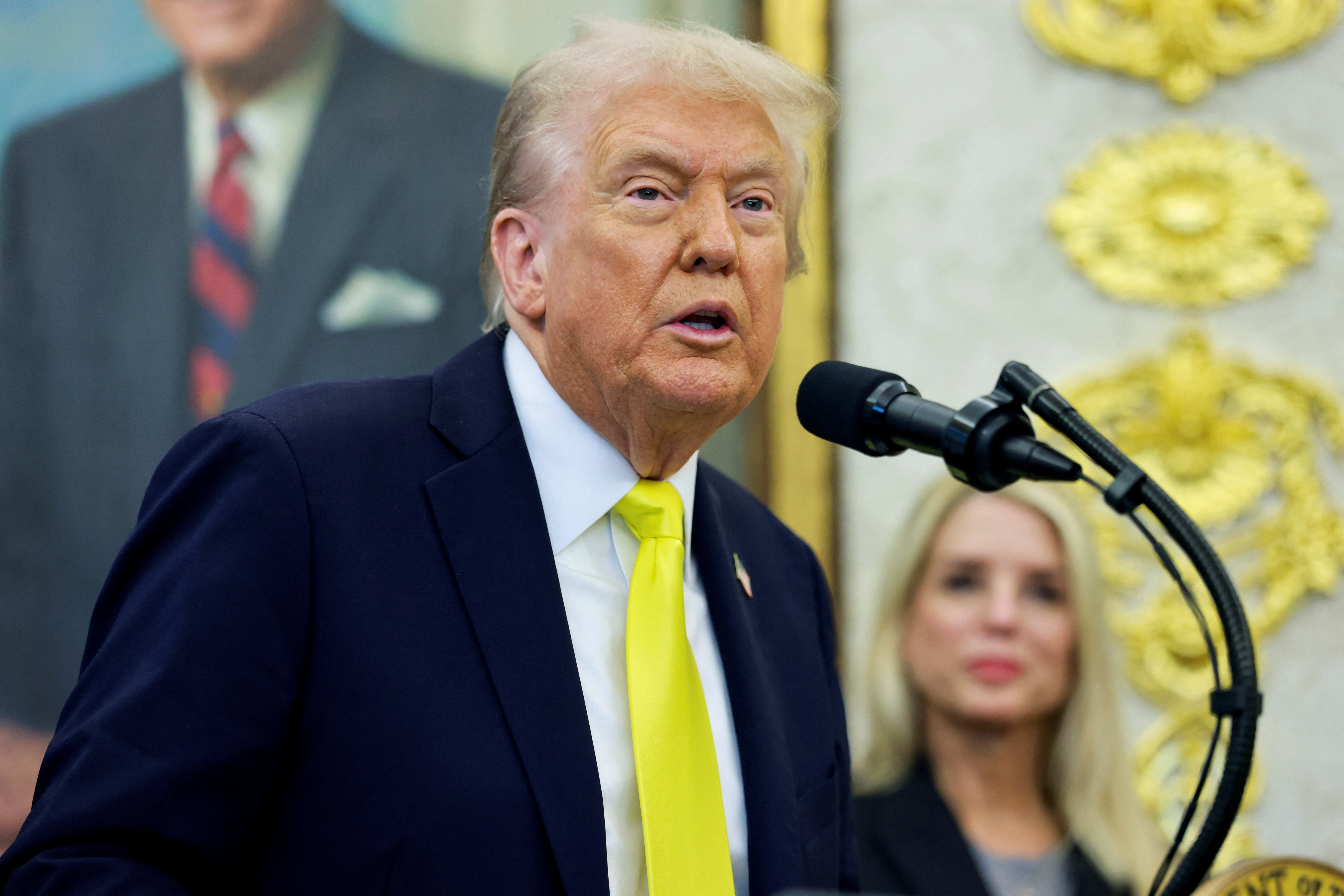 U.S. President Trump and FBI Director Patel hold press conference at the White House in Washington