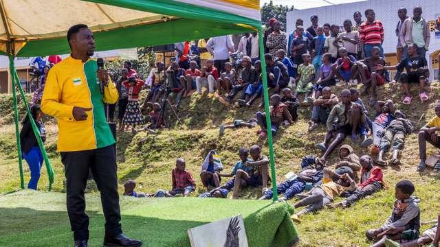 Rwanda's opposition Democratic Green Party Presidential candidate Frank Habineza addresses his campaign rally in Burera District
