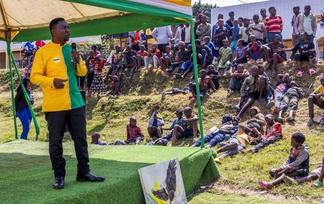 Rwanda's opposition Democratic Green Party Presidential candidate Frank Habineza addresses his campaign rally in Burera District