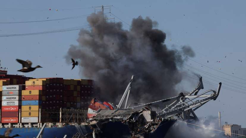 Explosives are detonated to free container ship Dali from Baltimore bridge collapse, in Baltimore