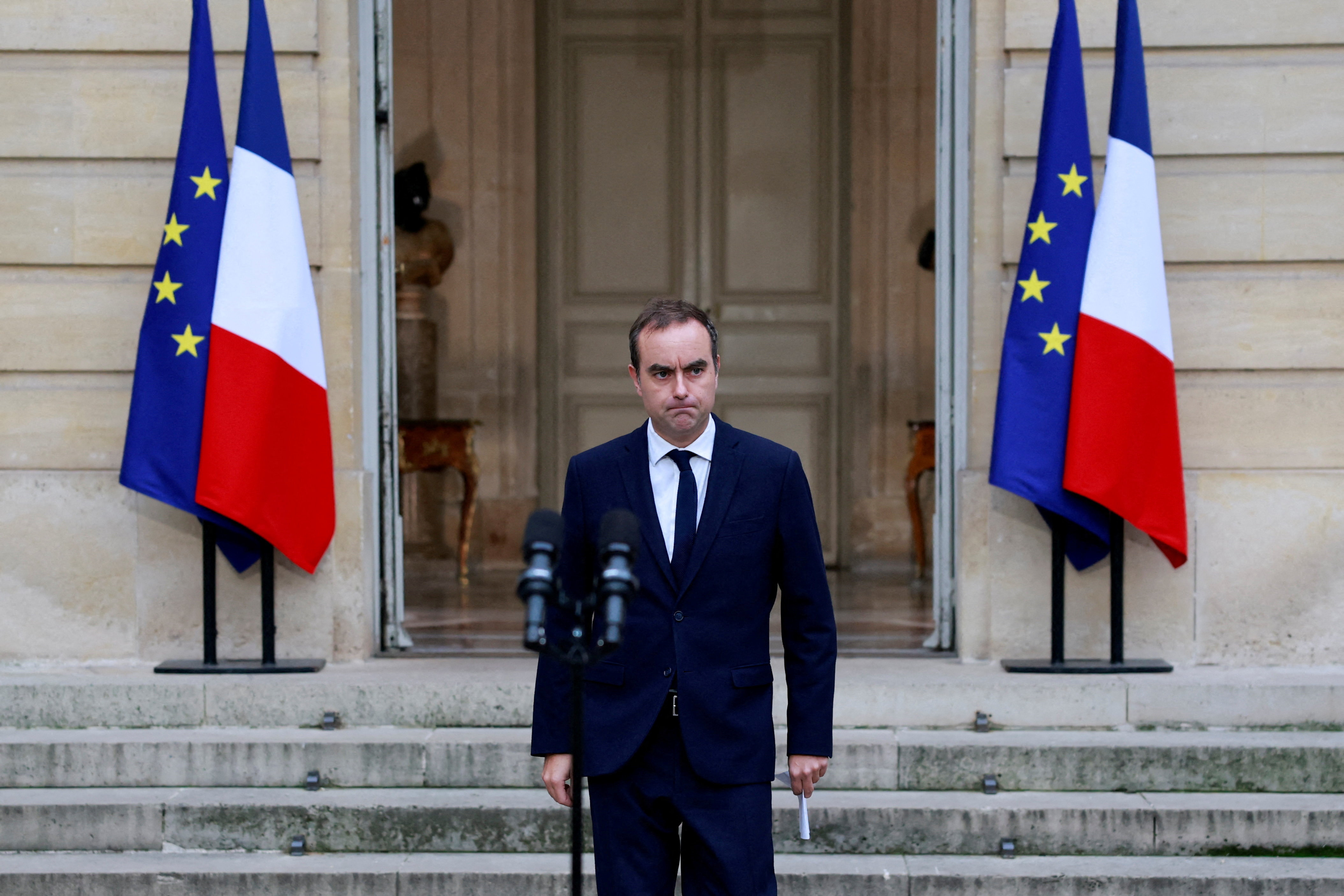 French outgoing Prime Minister Lecornu makes an address at Matignon in Paris