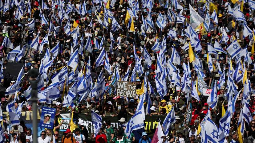 People march during a rally against the Israeli government and Israeli Prime Minister Benjamin Netanyahu, and demanding the release of all hostages from Gaza, in Jerusalem