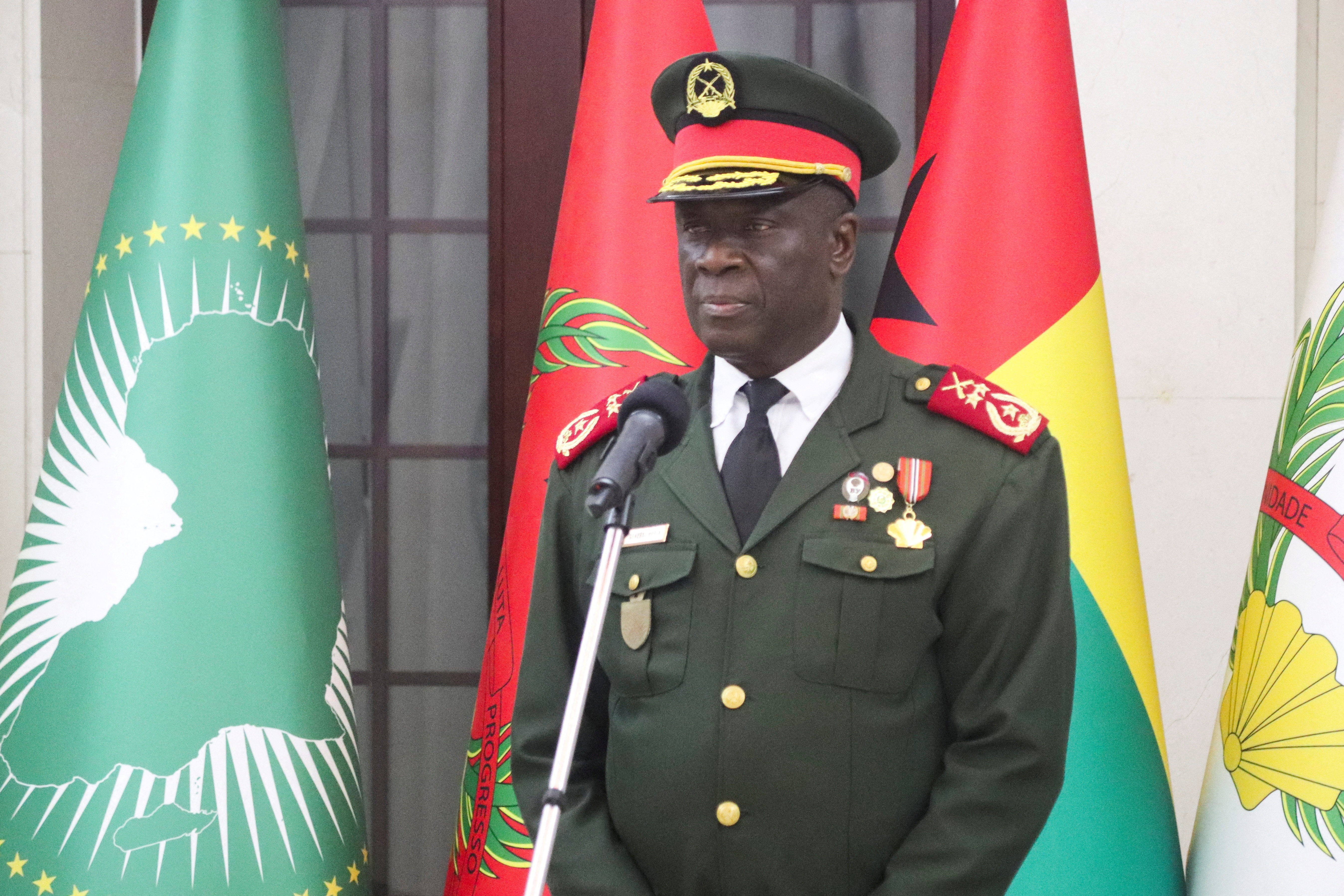 FILE PHOTO: Major-General Horta Inta-a, the new transitional president, attends the swearing-in ceremony of Major-General Tomas Djassi in Bissau