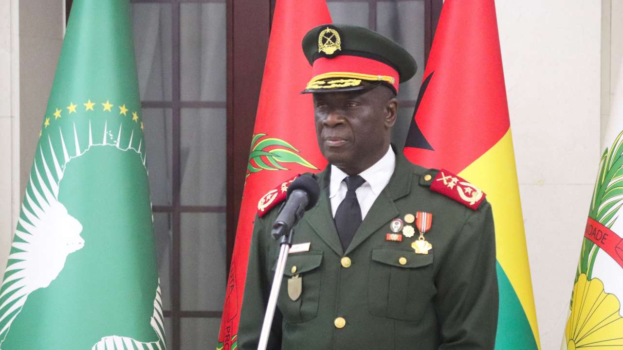 FILE PHOTO: Major-General Horta Inta-a, the new transitional president, attends the swearing-in ceremony of Major-General Tomas Djassi in Bissau