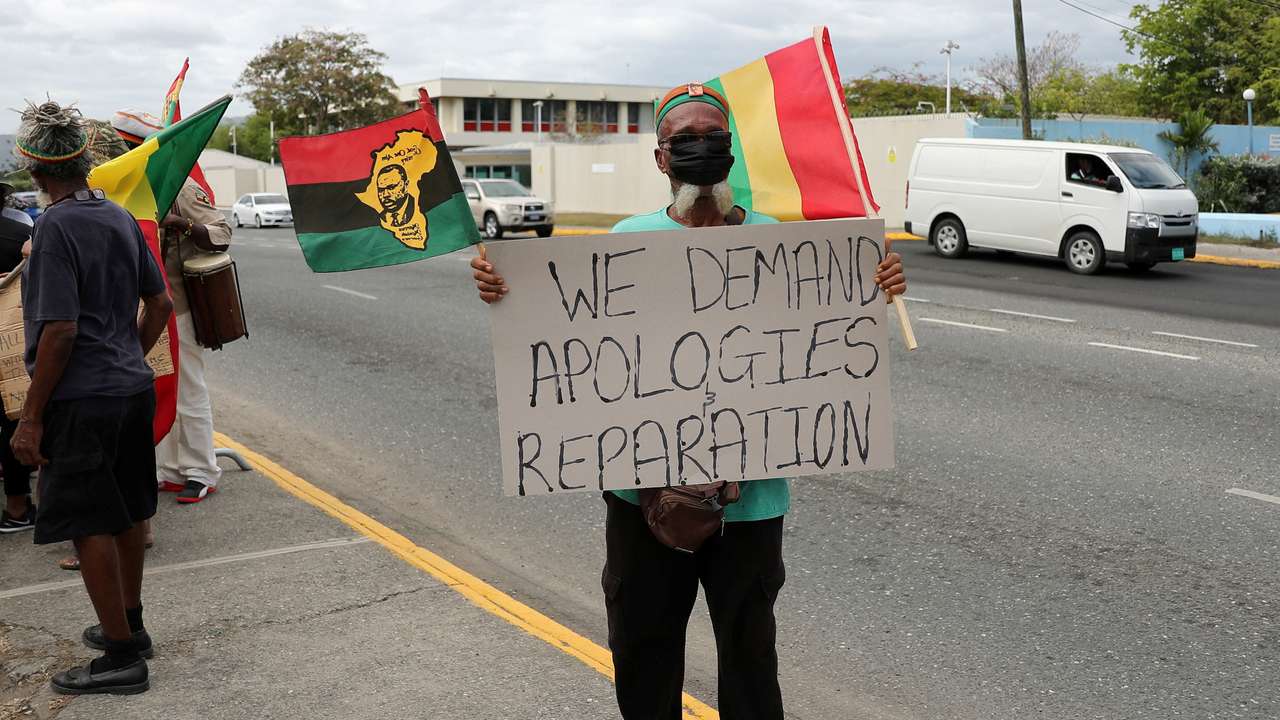 FILE PHOTO: Jamaican protesters demand slavery reparations ahead of Royal Family visit, in Kingston