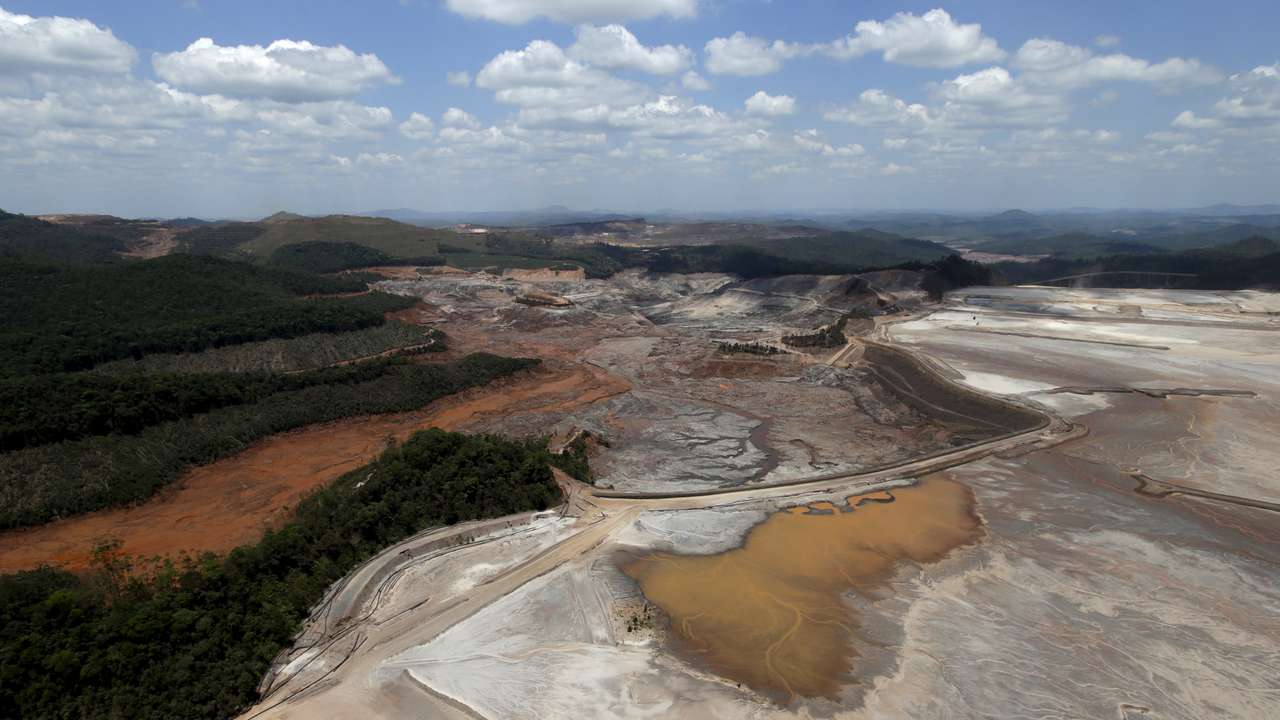 FILE PHOTO: General view from above of a dam owned by Vale SA and BHP Billiton Ltd that burst, in Mariana