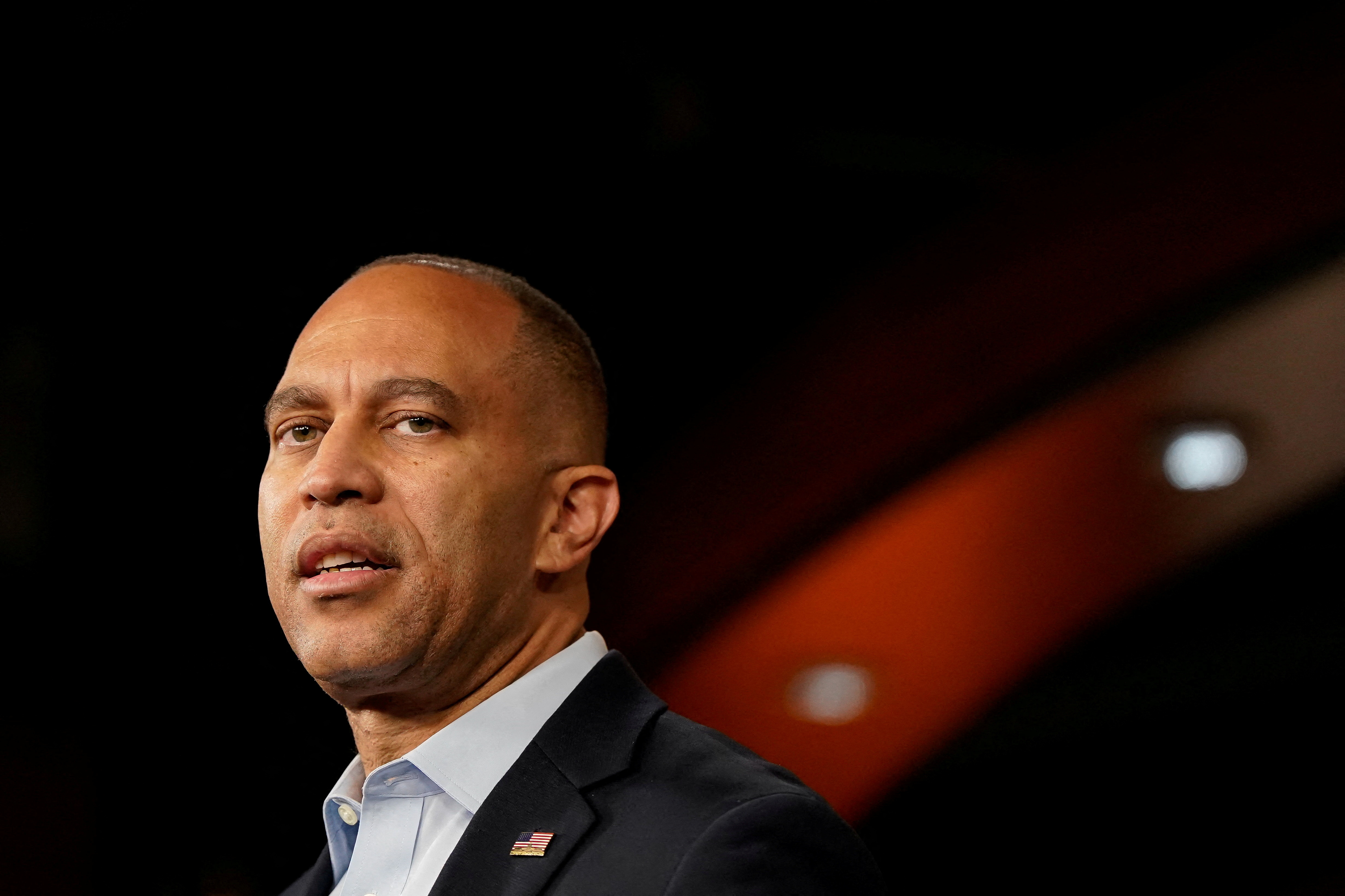 FILE PHOTO: U.S. House Minority Leader Hakeem Jeffries (D-NY) holds a press conference on the fourteenth day of the U.S. government shutdown in Washington