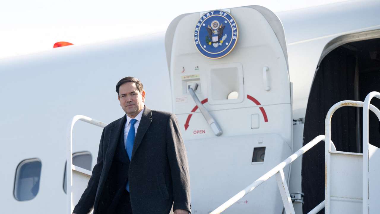 FILE PHOTO: US Secretary of State Marco Rubio disembarks from a military airplane upon arrival at Quebec City Jean Lesage International Airport, in Quebec