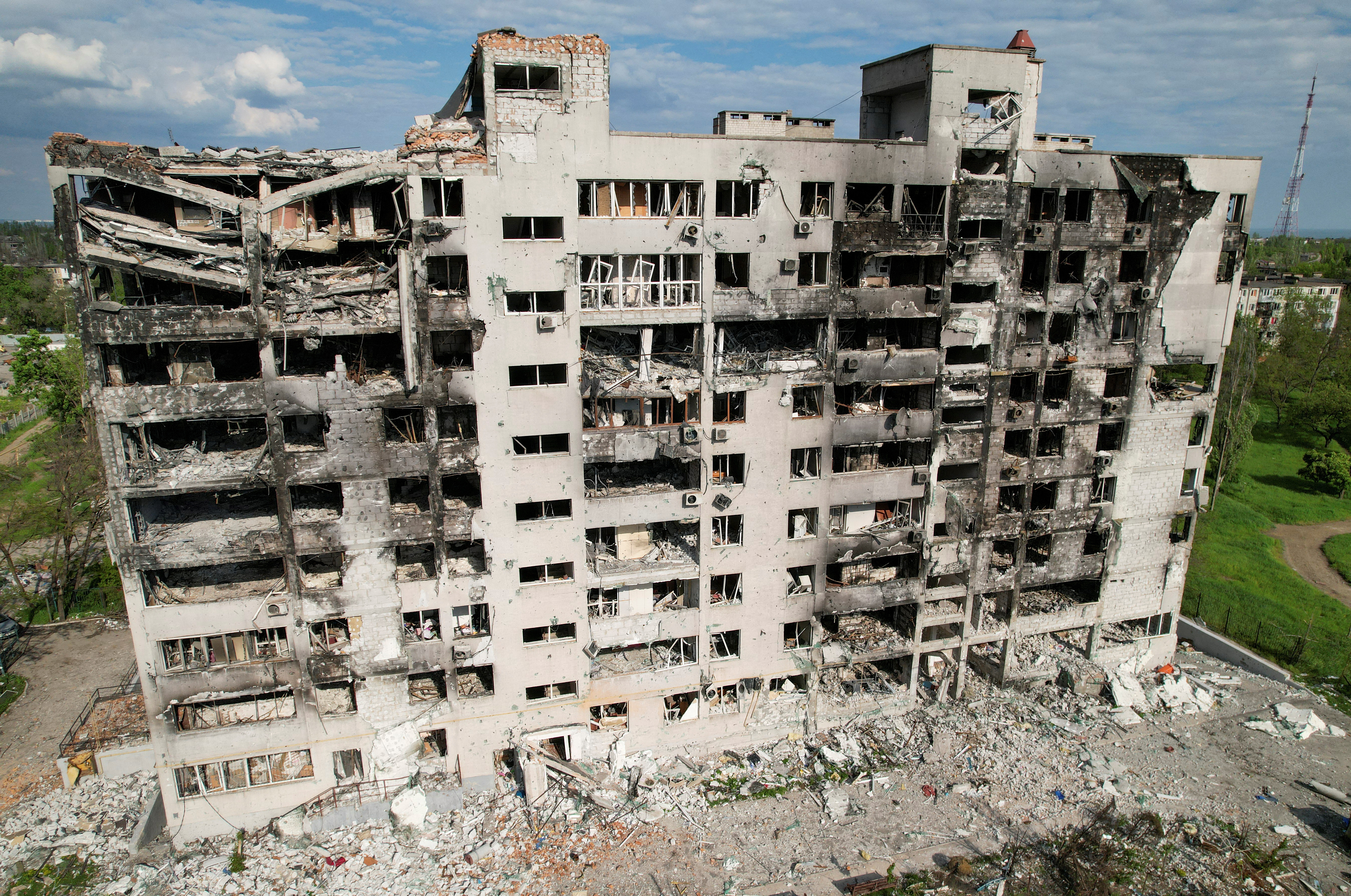 A view shows a destroyed residential building in Mariupol