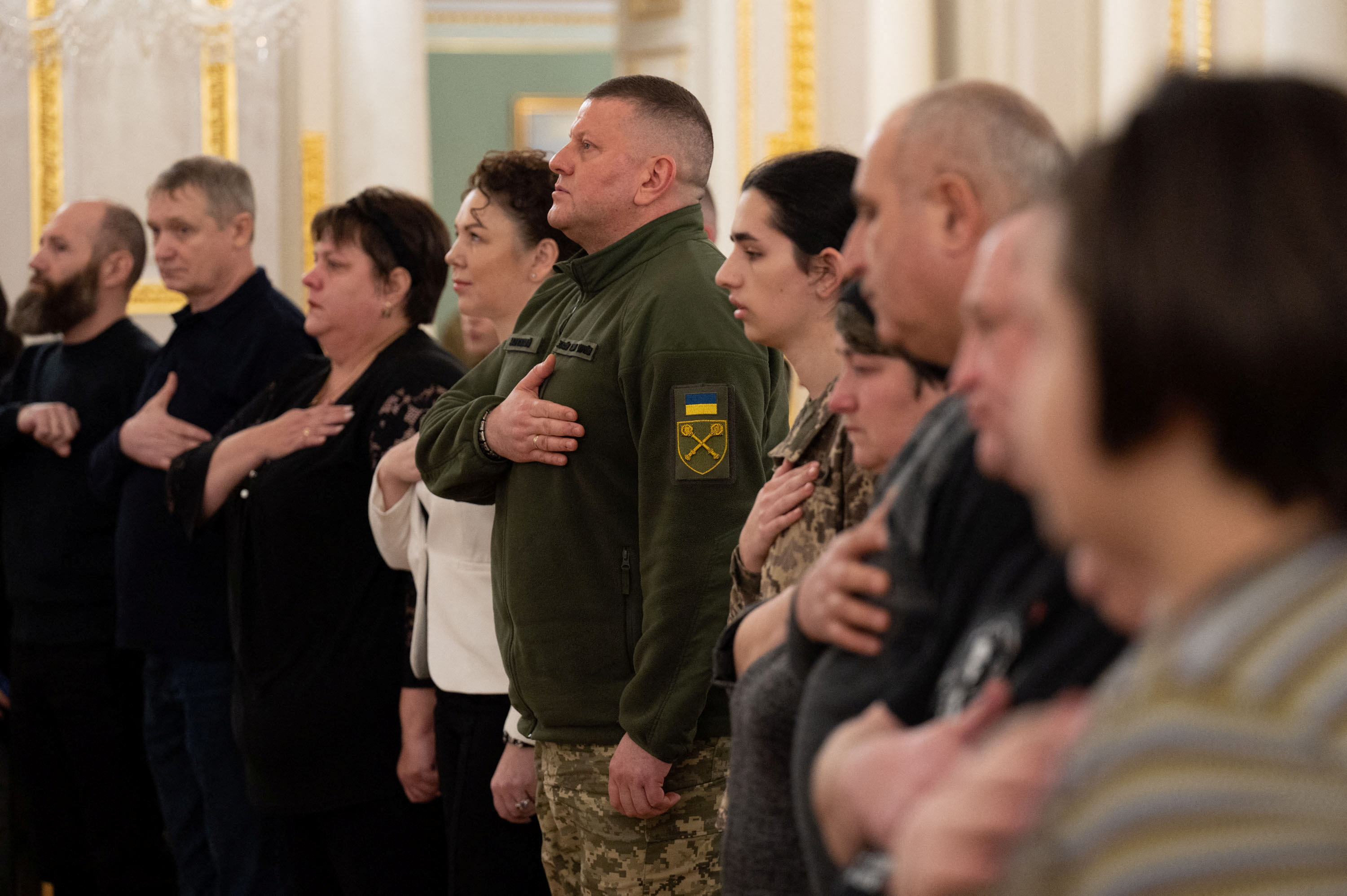 Former UAF Commander in Chief Zaluzhnyi sings a national anthem during an award ceremony in Kyiv