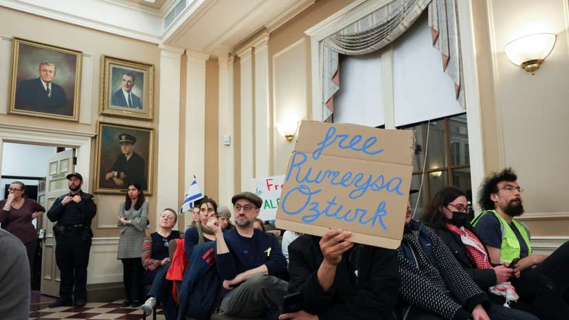 Demonstrators take part in a rally in support of Rumeysa Ozturk