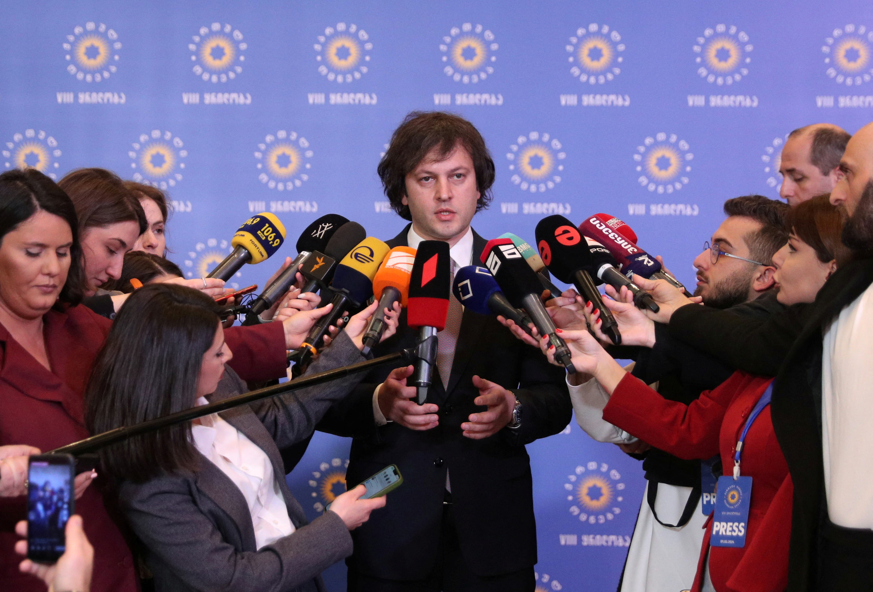 Irakli Kobakhidze, nominated by the ruling Georgian Dream party for the post of prime minister, talks to journalists in Tbilisi