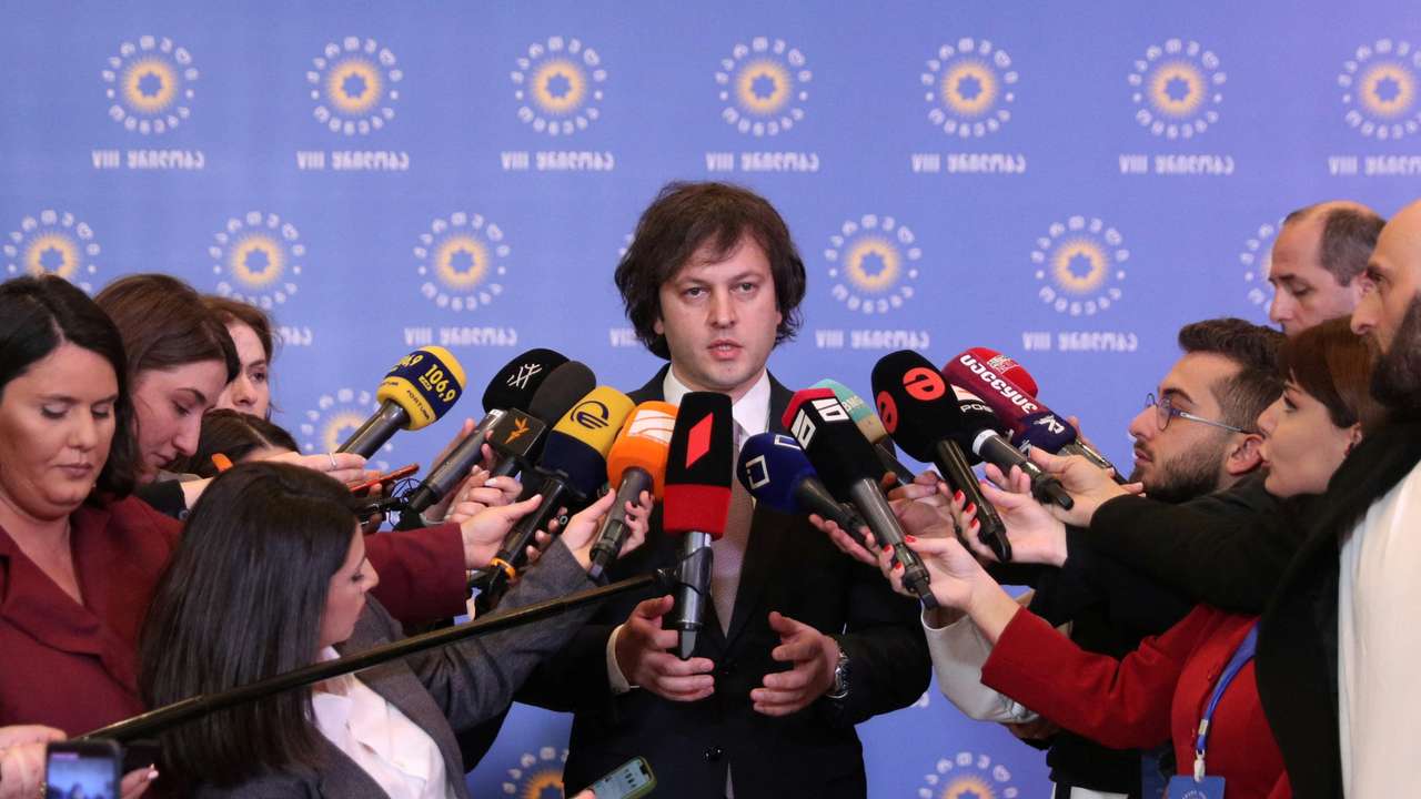 Irakli Kobakhidze, nominated by the ruling Georgian Dream party for the post of prime minister, talks to journalists in Tbilisi